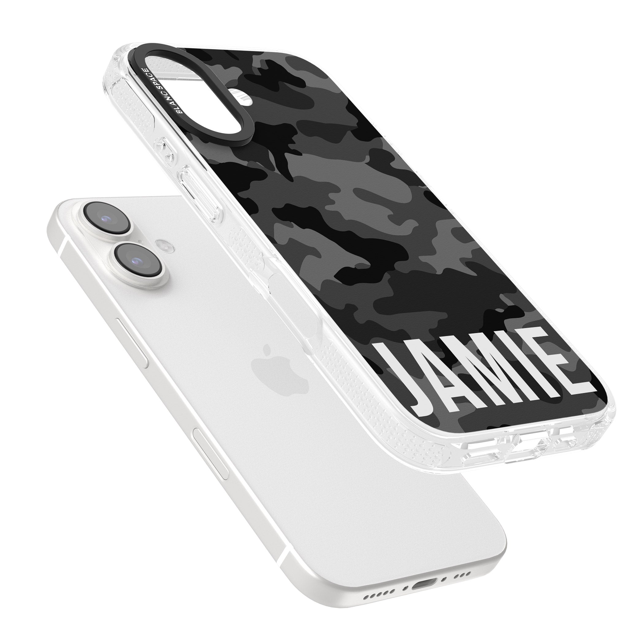 Personalised Horizontal Name Black Camouflage iPhone 16 / 16 Plus Clear Case Impact Air - Blanc Space