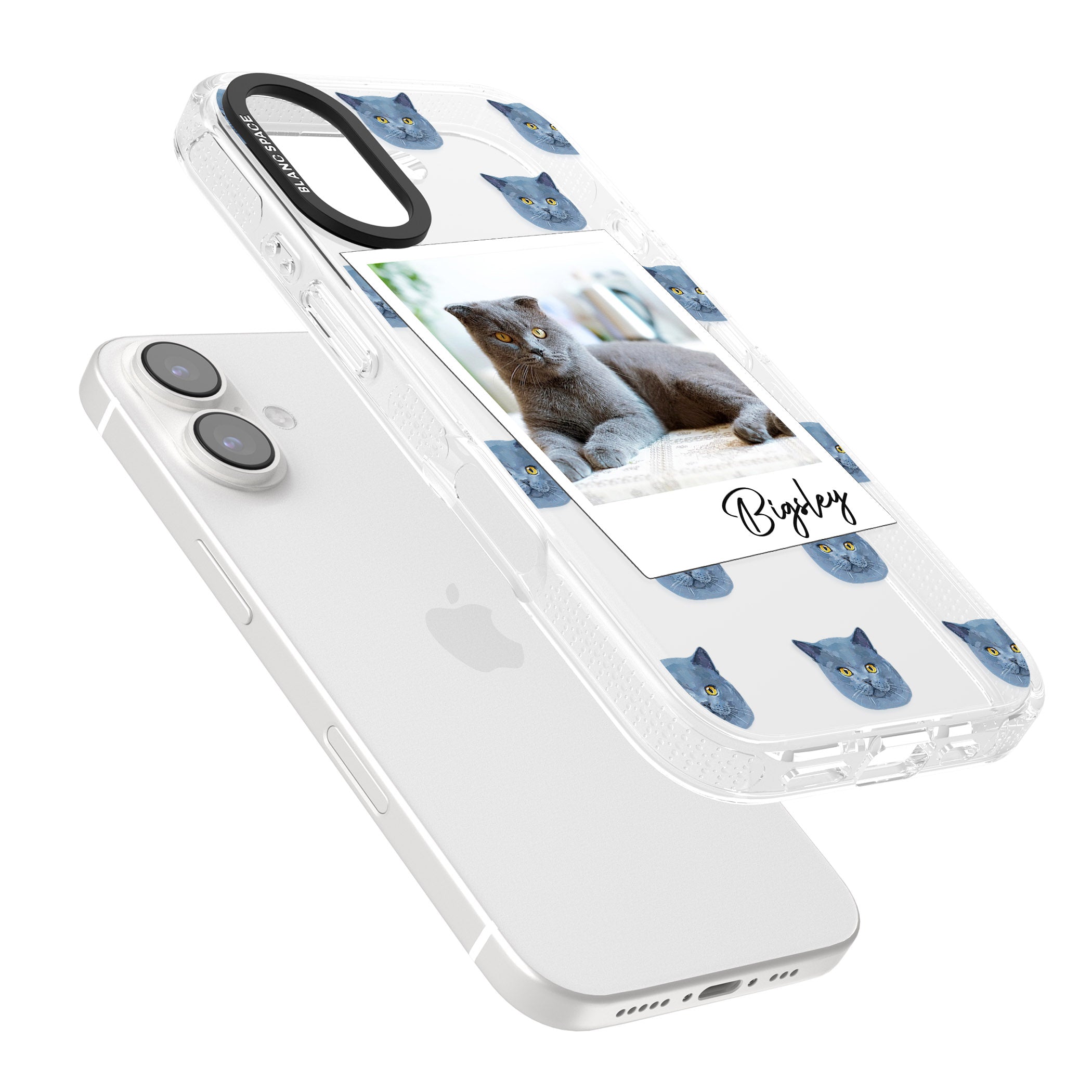 Personalised English Blue Cat Photo iPhone 16 / 16 Plus Clear Case Impact Air - Blanc Space