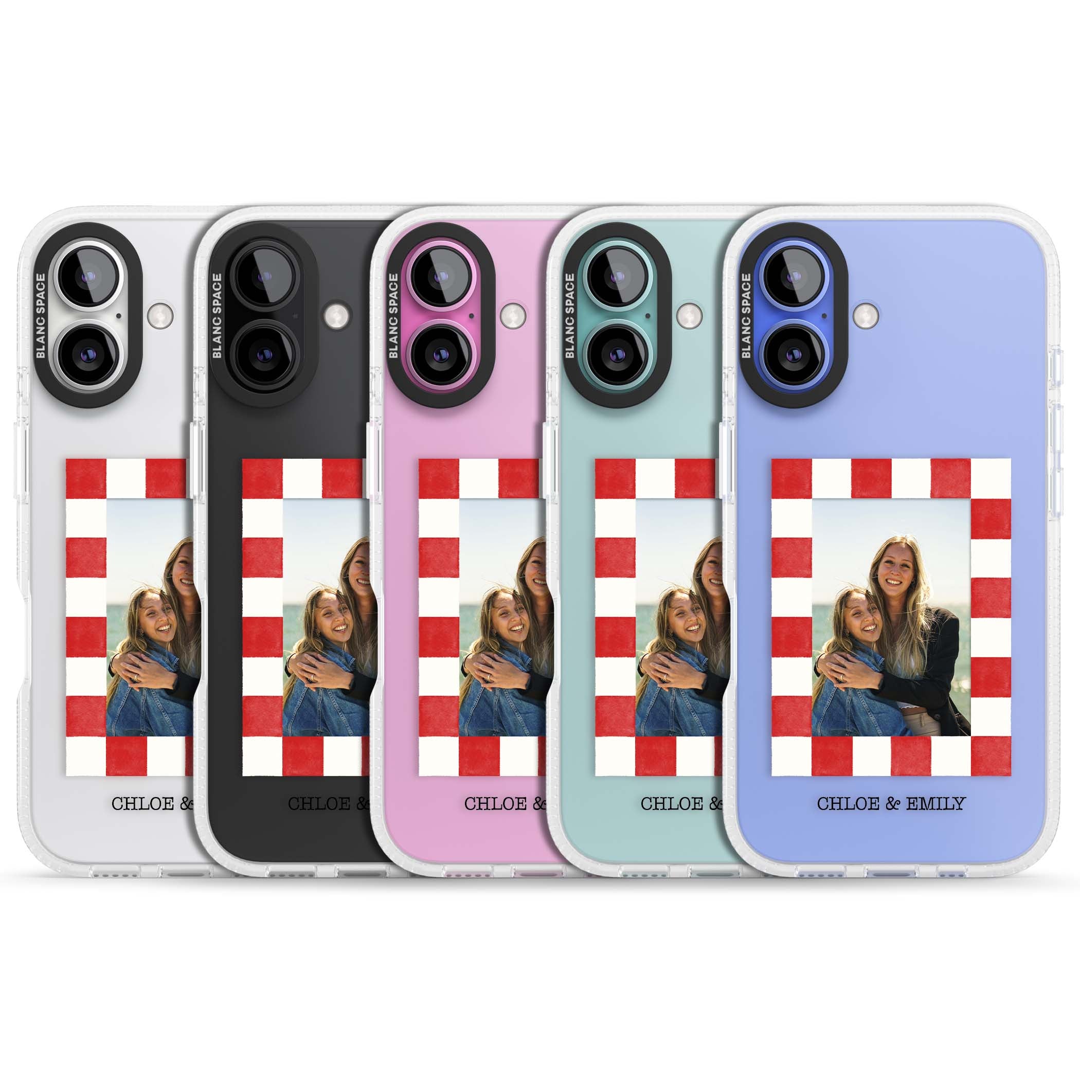 Red Check Photo personalised photo iPhone case with red and white checkered polaroid frame and custom couple name | Clear Case Impact Air case for iPhone 16, iPhone 16 Plus