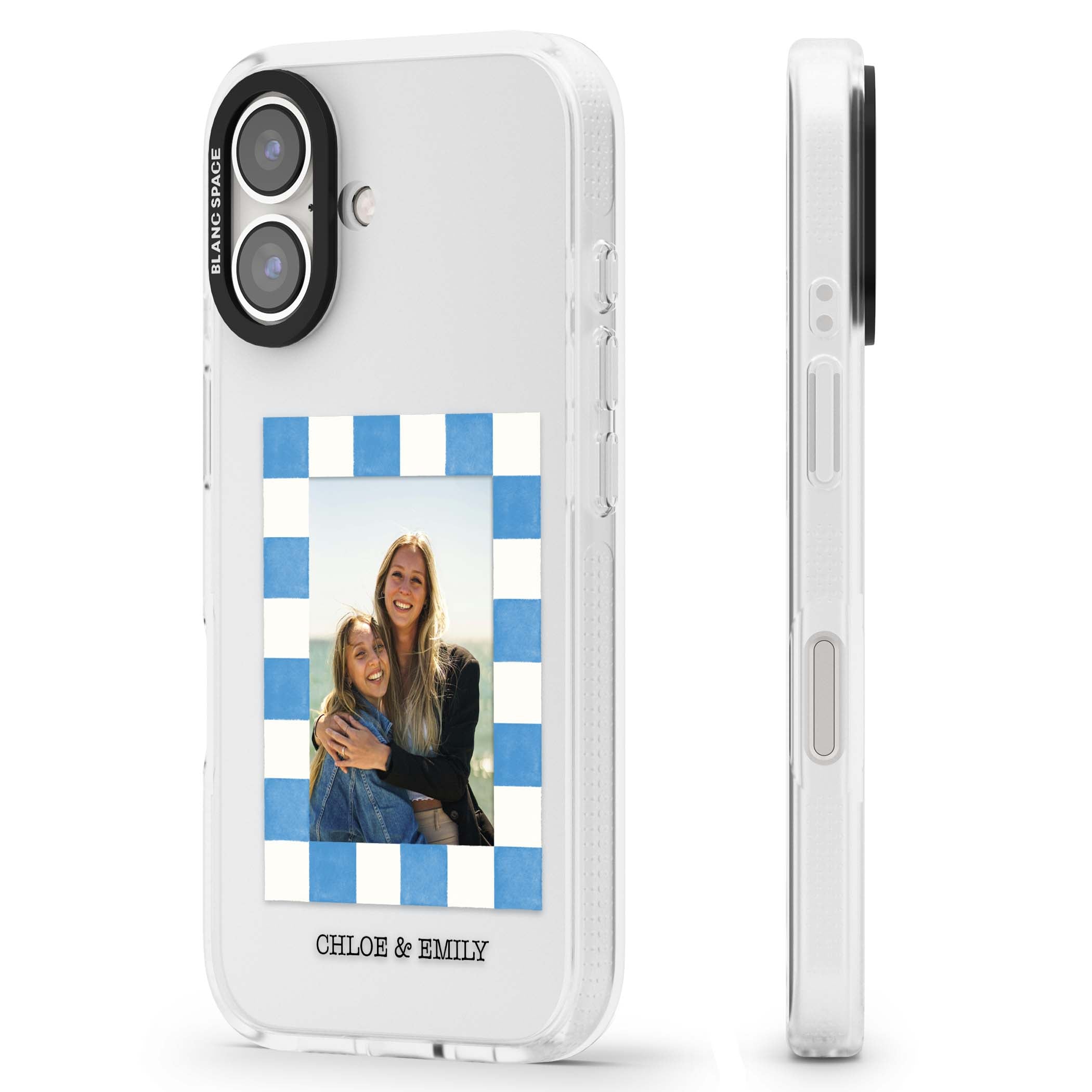 Blue Check Photo personalised photo iPhone case with blue checkered frame and custom couple names | Clear Case Impact Air case for iPhone 16, iPhone 16 Plus