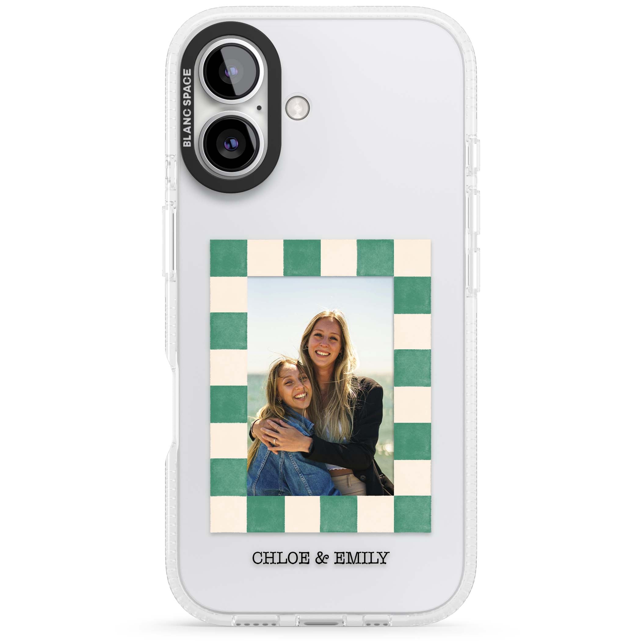 Seafoam Check Photo personalised iPhone case featuring a custom polaroid photo, green and cream checkered frame, and custom n | Clear Case Impact Air case for iPhone 16, iPhone 16 Plus