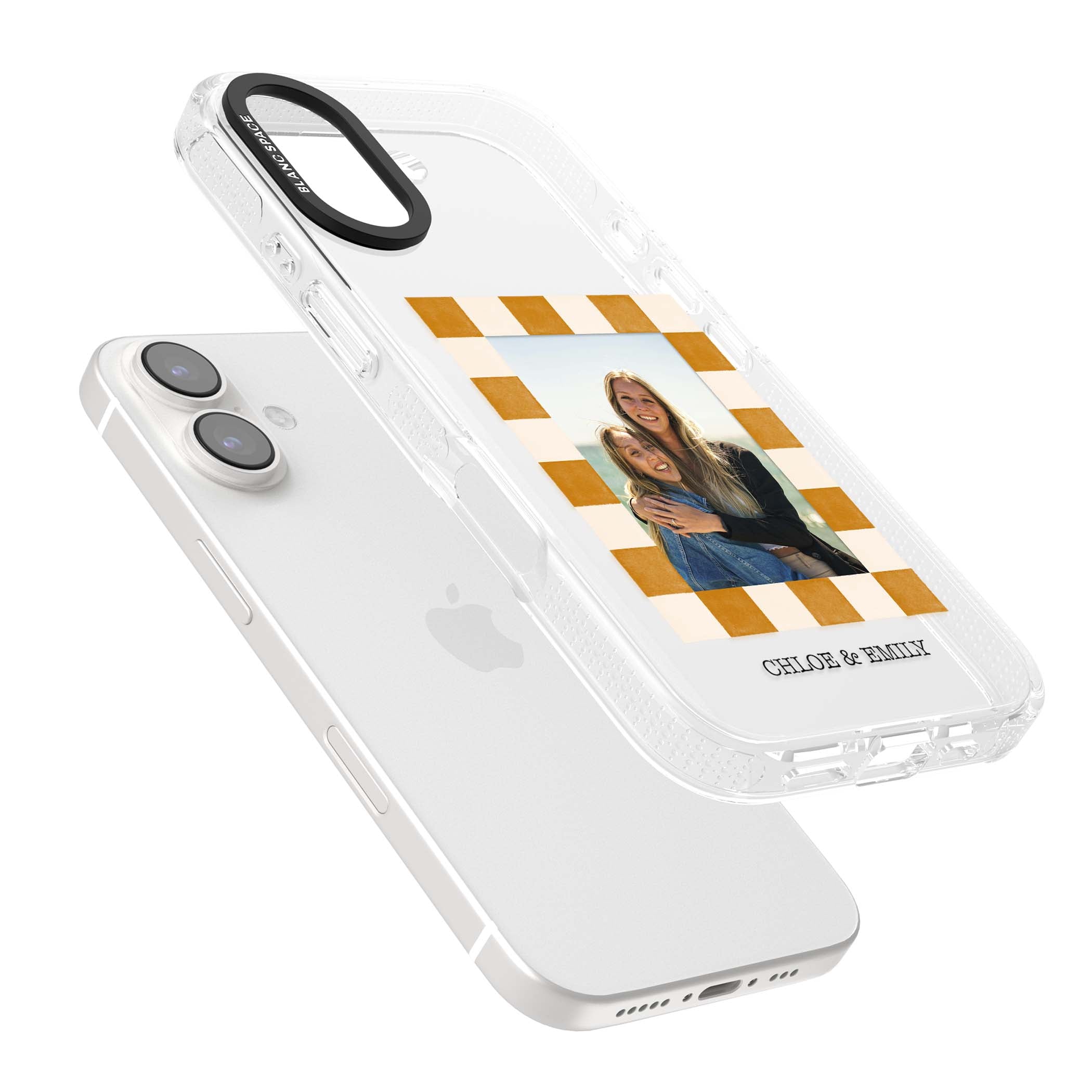 Citrus Check Photo personalised iPhone case with custom photo, orange checkered frame and names underneath | Clear Case Impact Air case for iPhone 16, iPhone 16 Plus