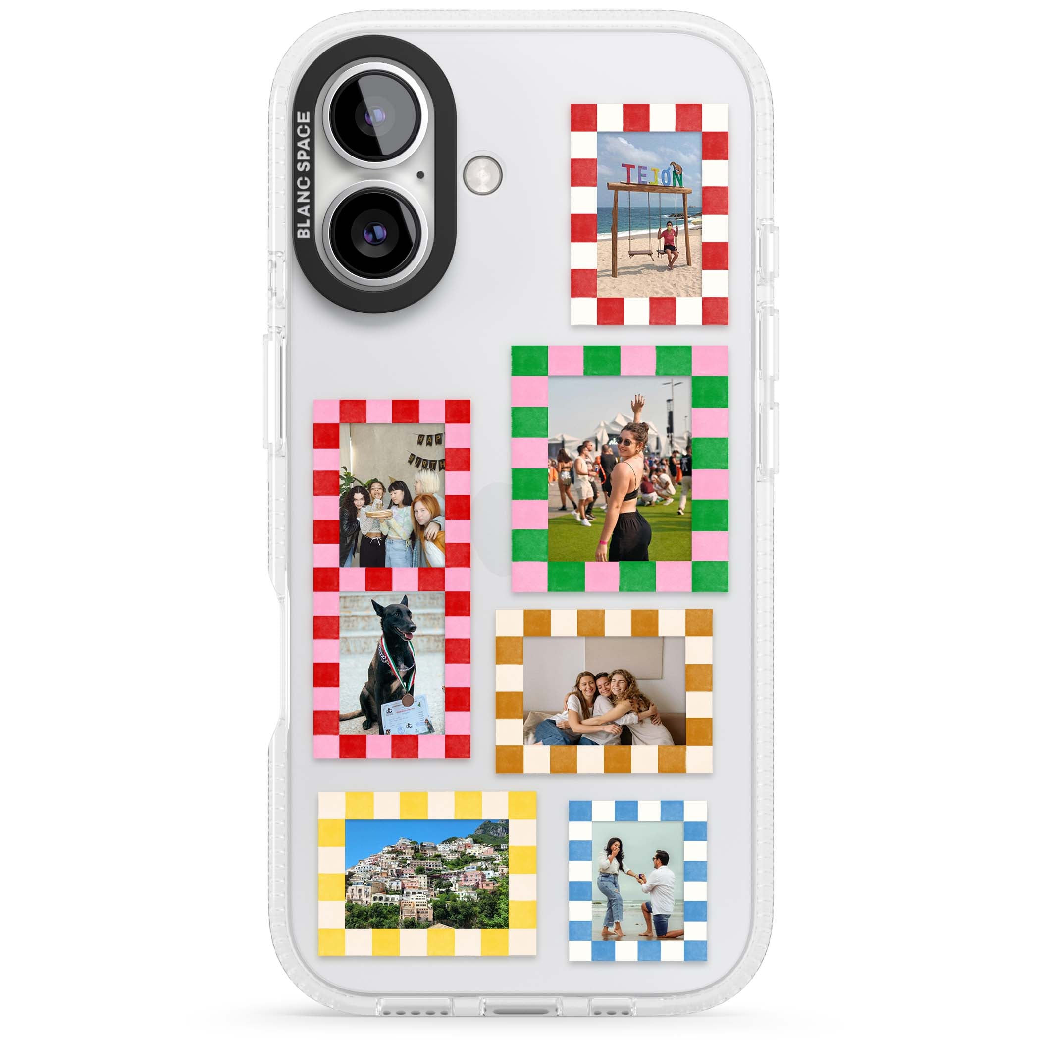 Italian Check Frames custom photo collage iPhone case featuring six checkered photo frames in red, green, pink and | Clear Case Impact Air case for iPhone 16, iPhone 16 Plus