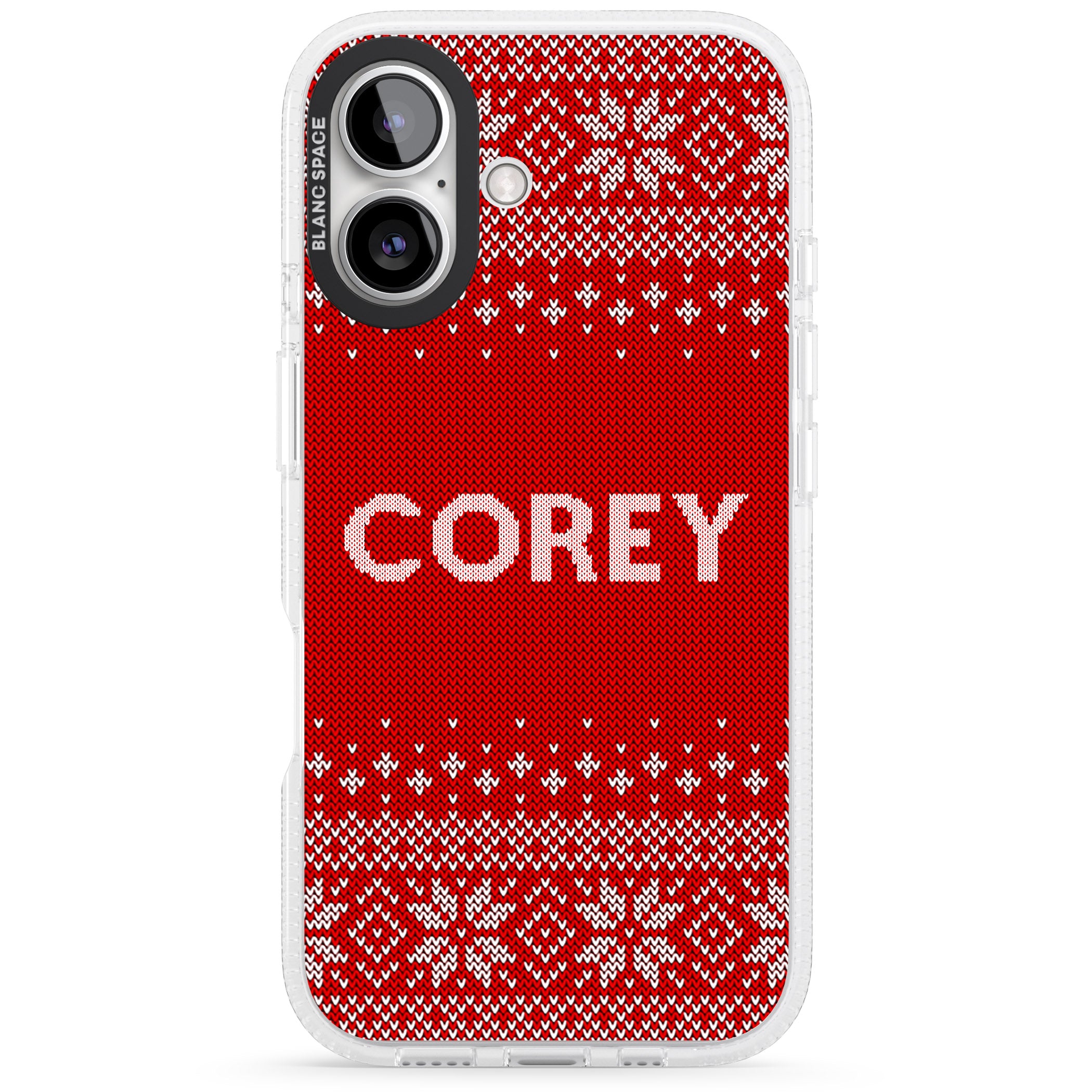 Personalised Red Christmas Knitted Jumper iPhone 16 / 16 Plus Clear Case Impact Air - Blanc Space
