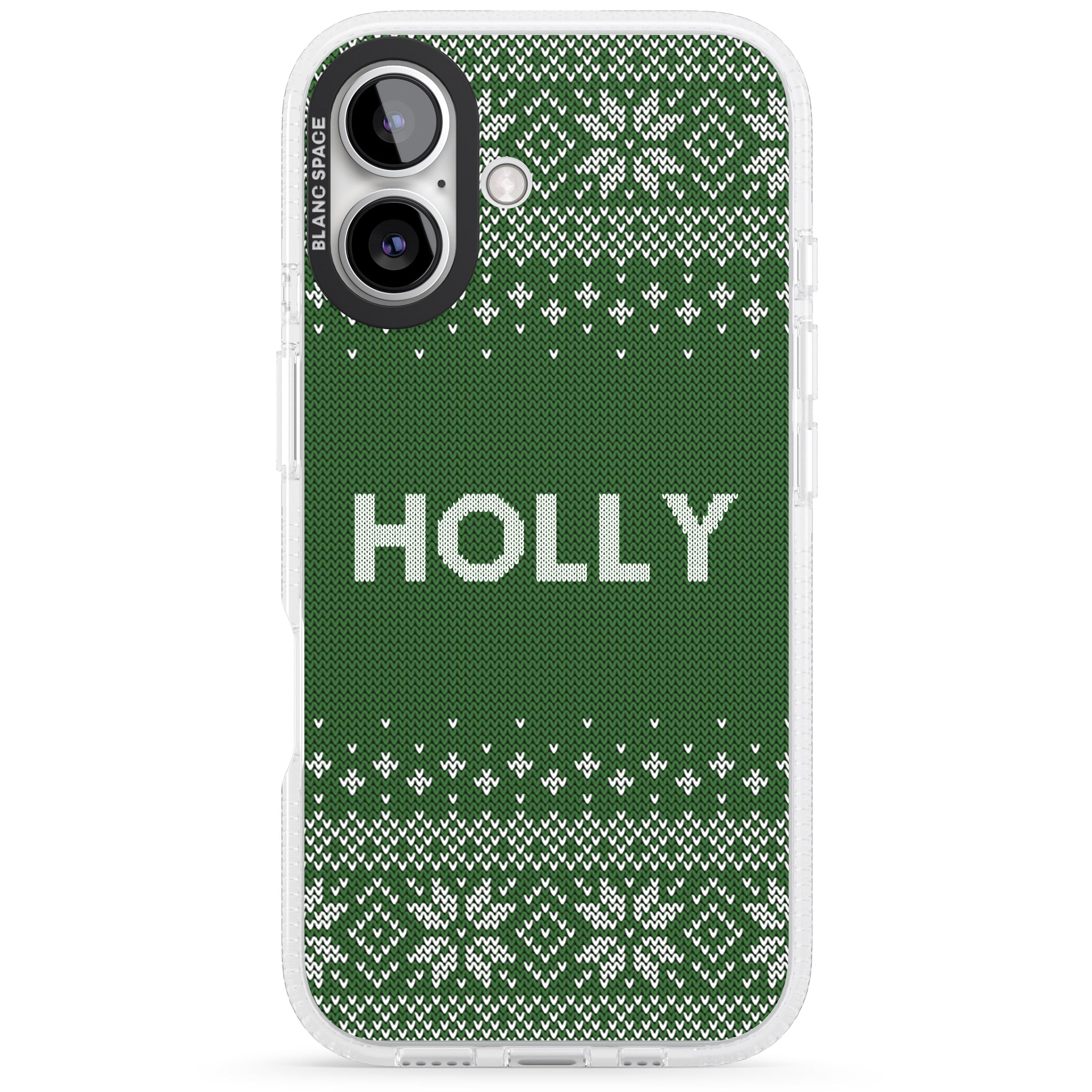 Personalised Green Christmas Knitted Jumper iPhone 16 / 16 Plus Clear Case Impact Air - Blanc Space