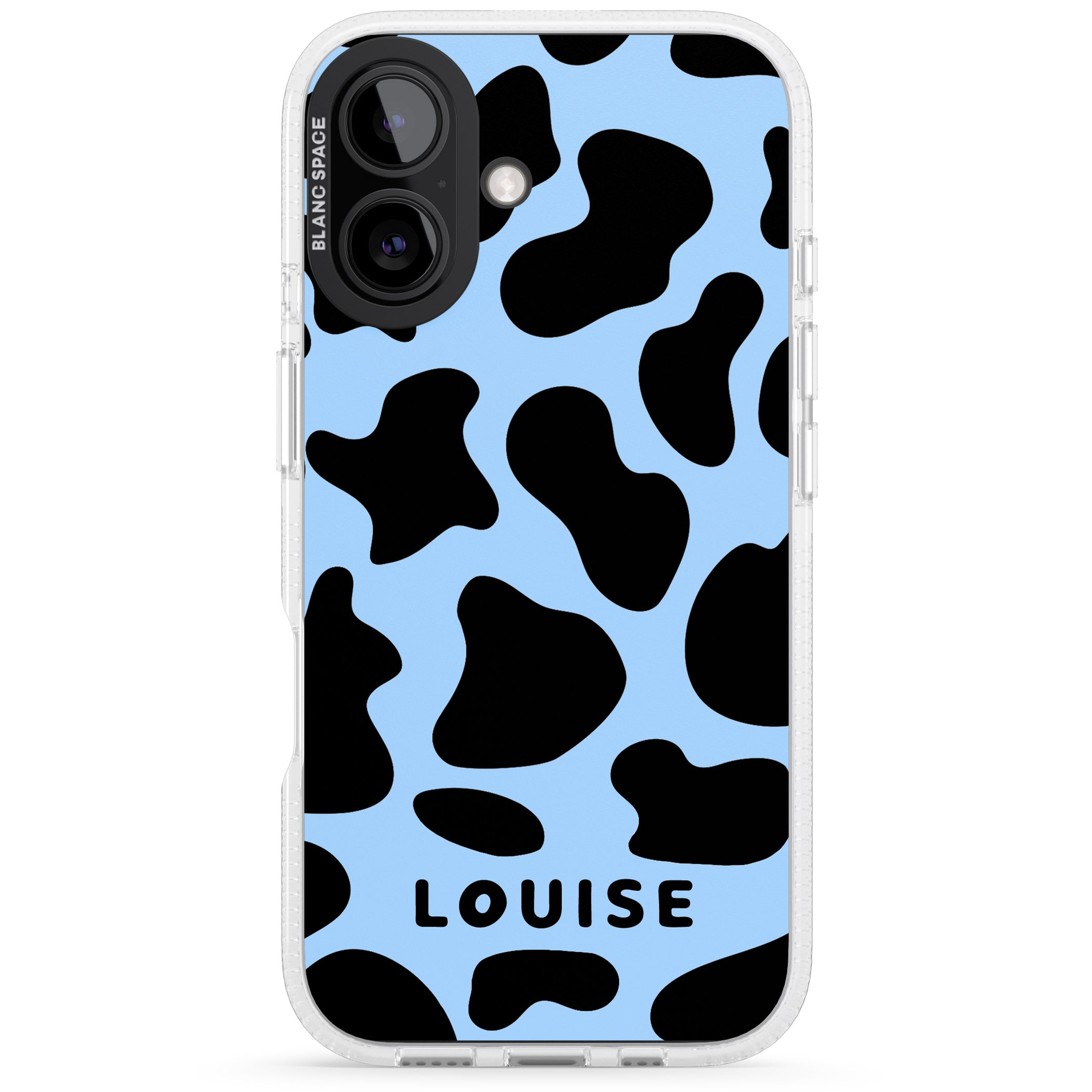 Personalised Blue and Black Cow Print iPhone 16 / 16 Plus Clear Case Impact Air - Blanc Space
