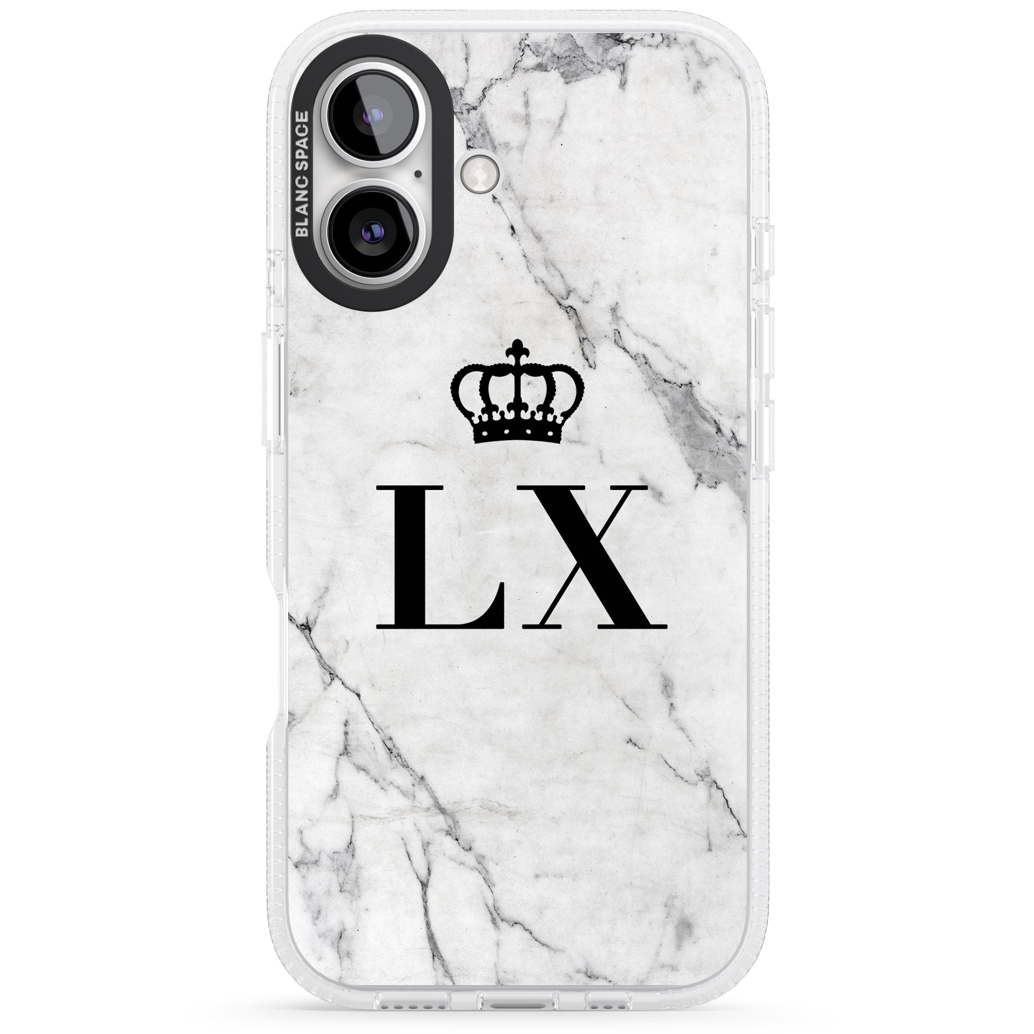 Personalised Initials with Crown on White Marble iPhone 16 / 16 Plus Clear Case Impact Air - Blanc Space