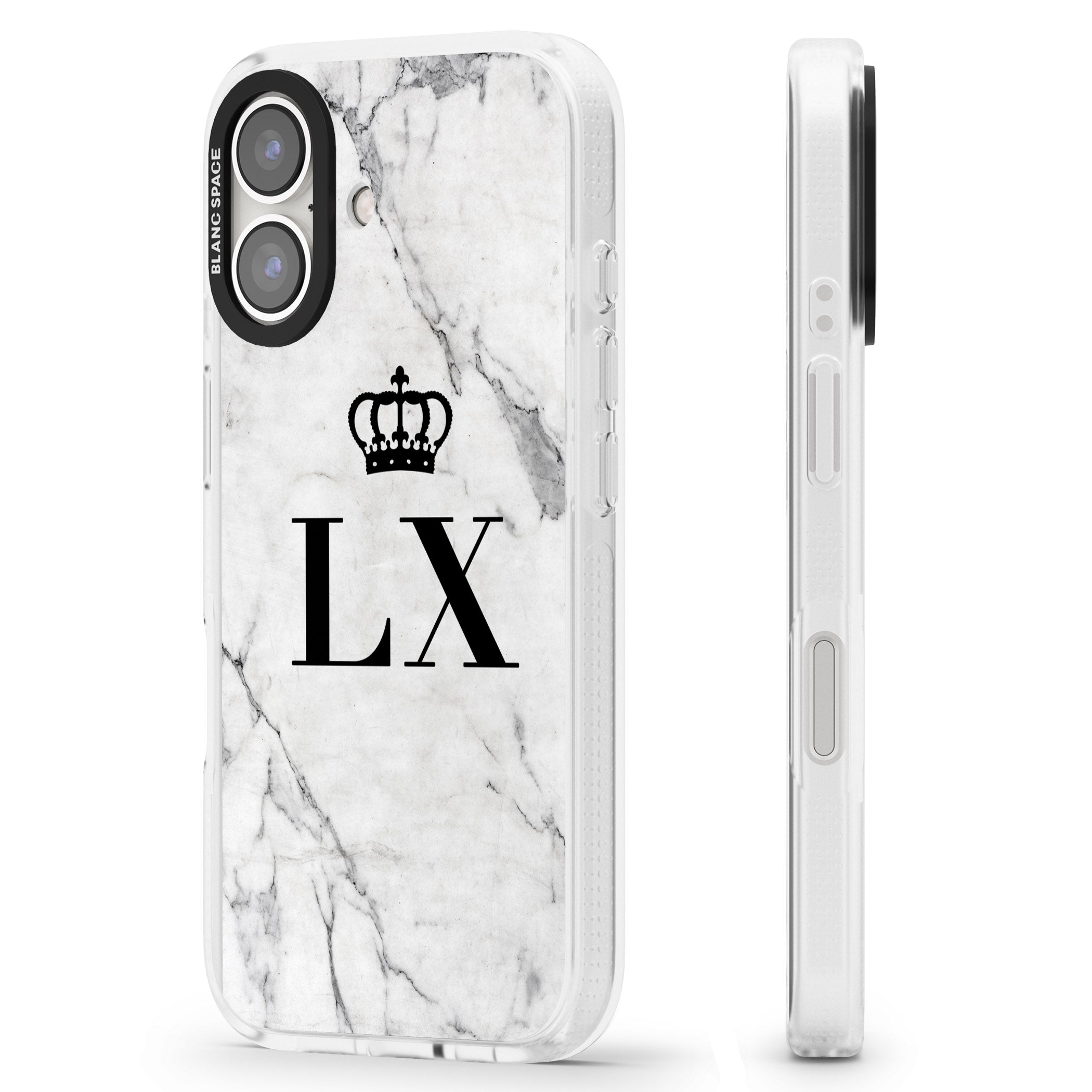Personalised Initials with Crown on White Marble iPhone 16 / 16 Plus Clear Case Impact Air - Blanc Space