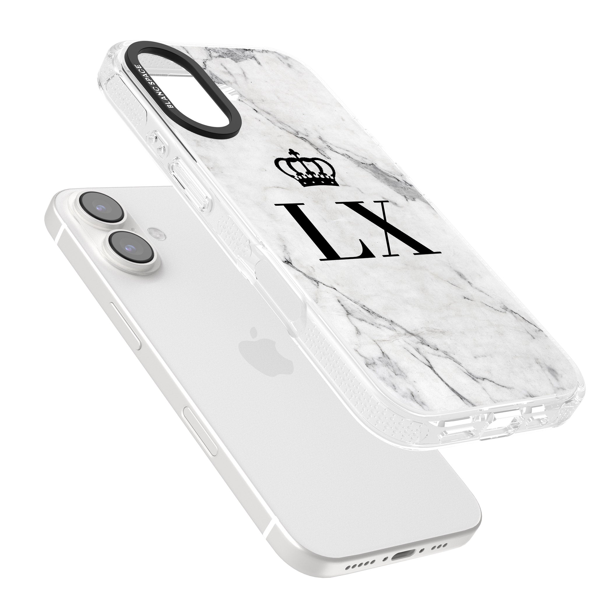 Personalised Initials with Crown on White Marble iPhone 16 / 16 Plus Clear Case Impact Air - Blanc Space