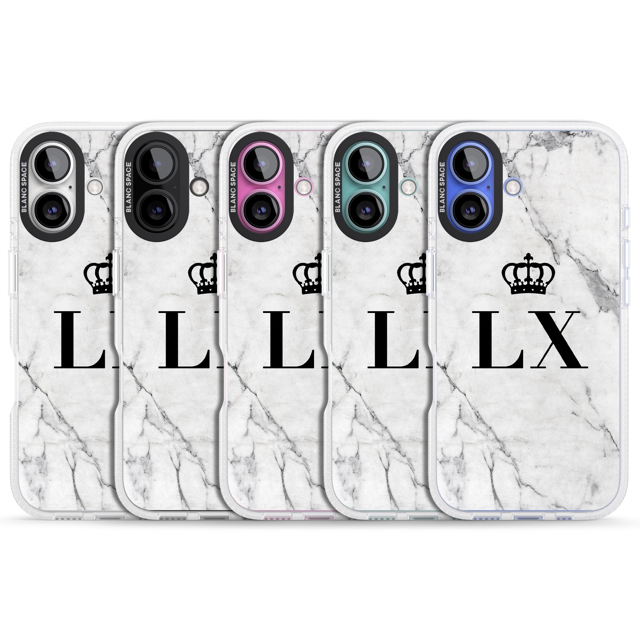 Personalised Initials with Crown on White Marble iPhone 16 / 16 Plus Clear Case Impact Air - Blanc Space