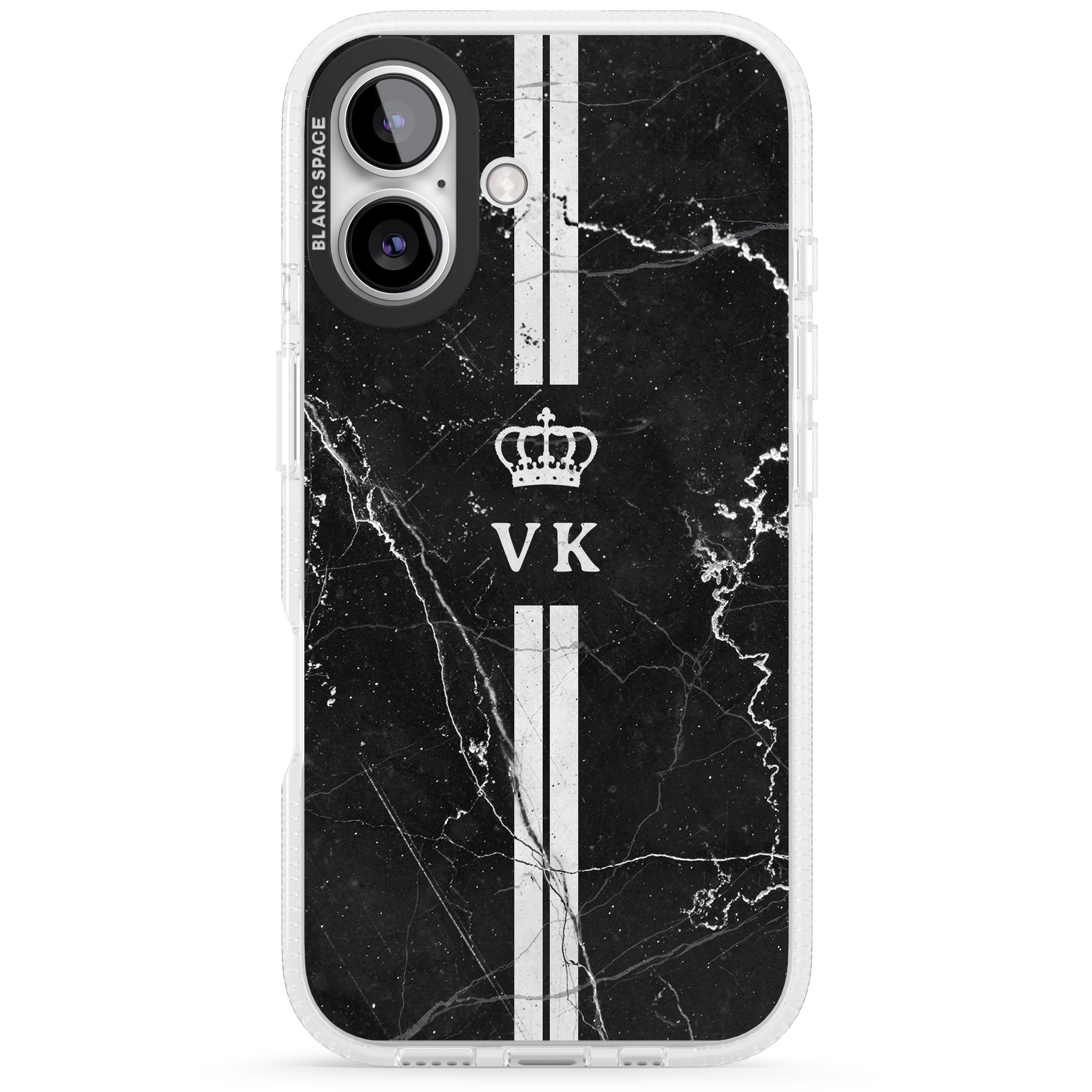 Personalised Stripes + Initials with Crown on Black Marble iPhone 16 / 16 Plus Clear Case Impact Air - Blanc Space