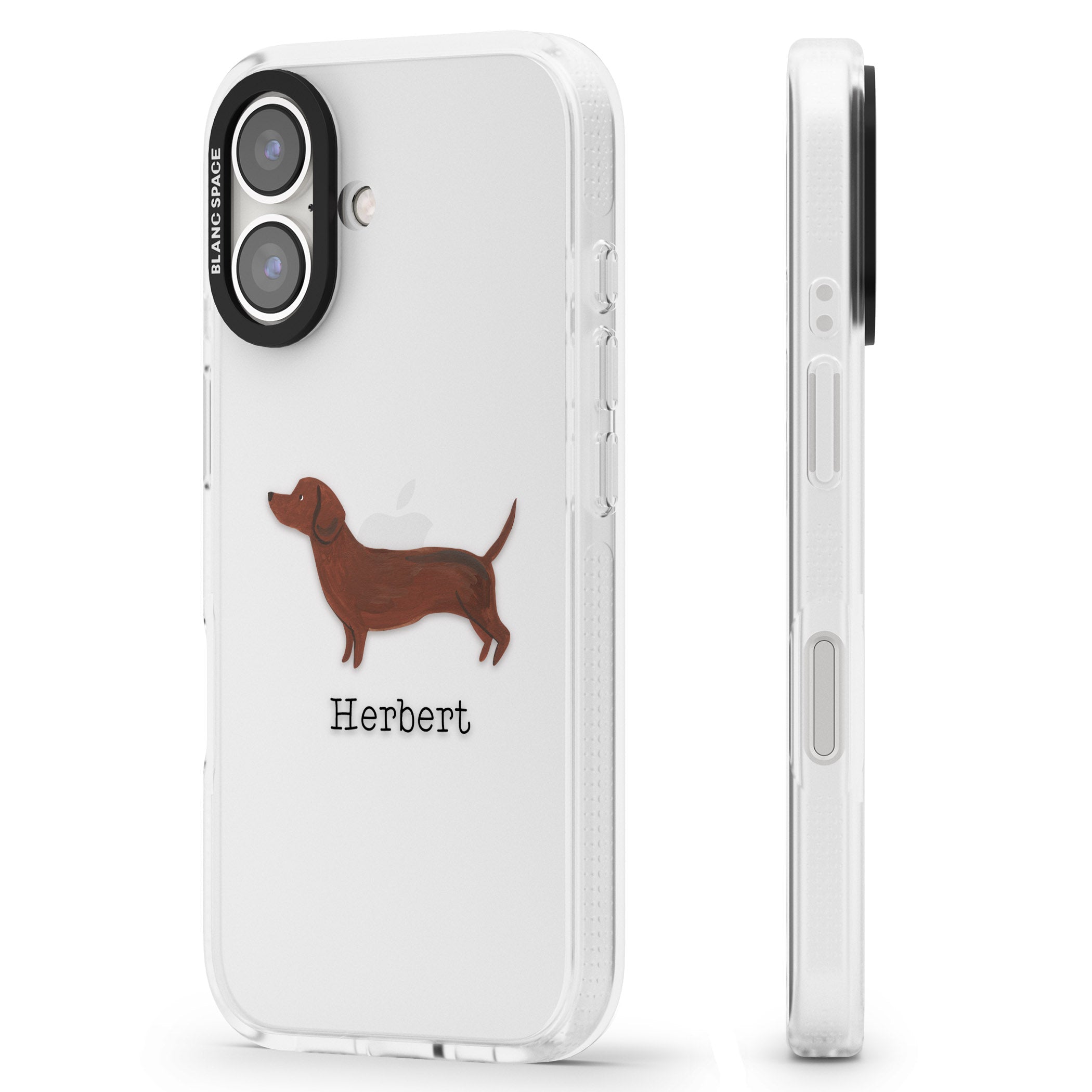 Personalised Hand Painted Sausage Dog iPhone 16 / 16 Plus Clear Case Impact Air - Blanc Space