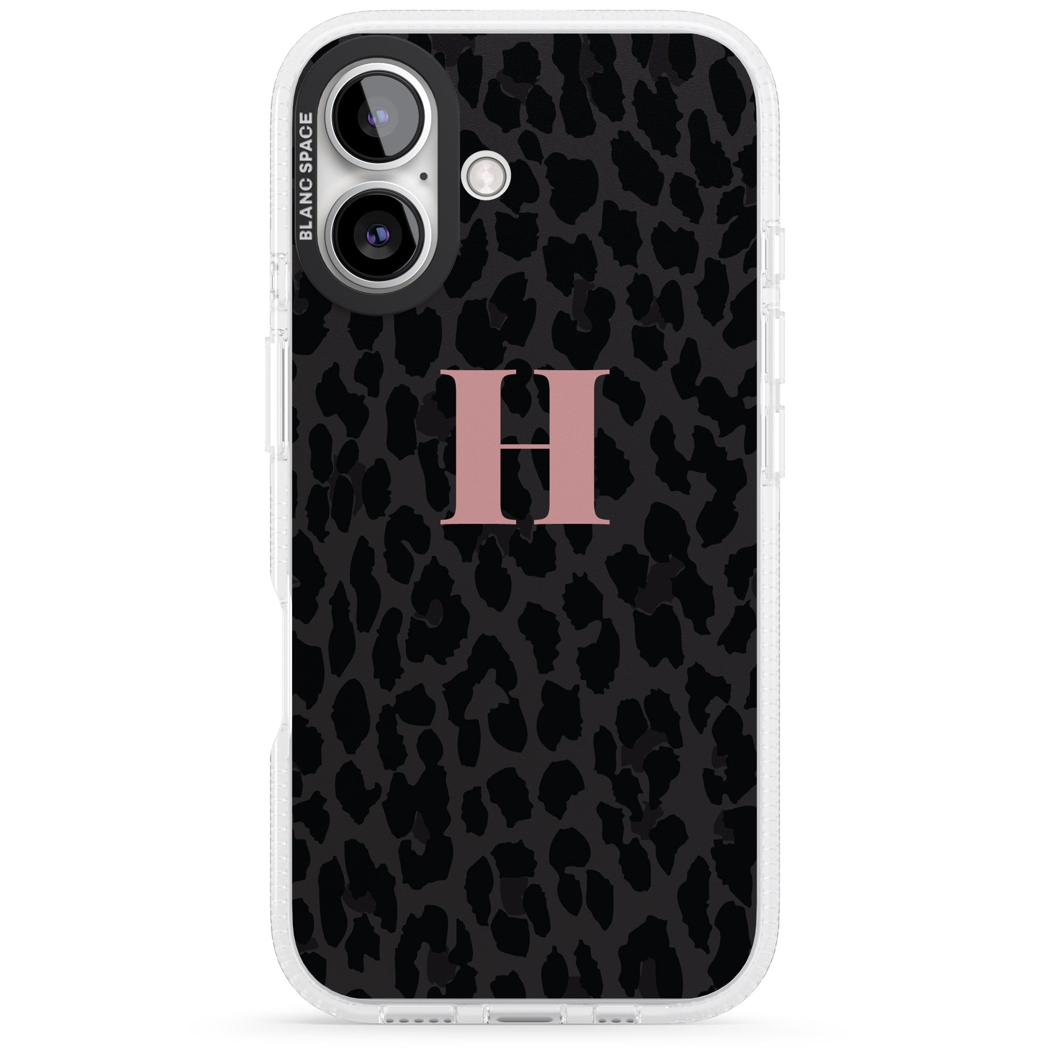 Personalised Small Pink Leopard Monogram iPhone 16 / 16 Plus Clear Case Impact Air - Blanc Space
