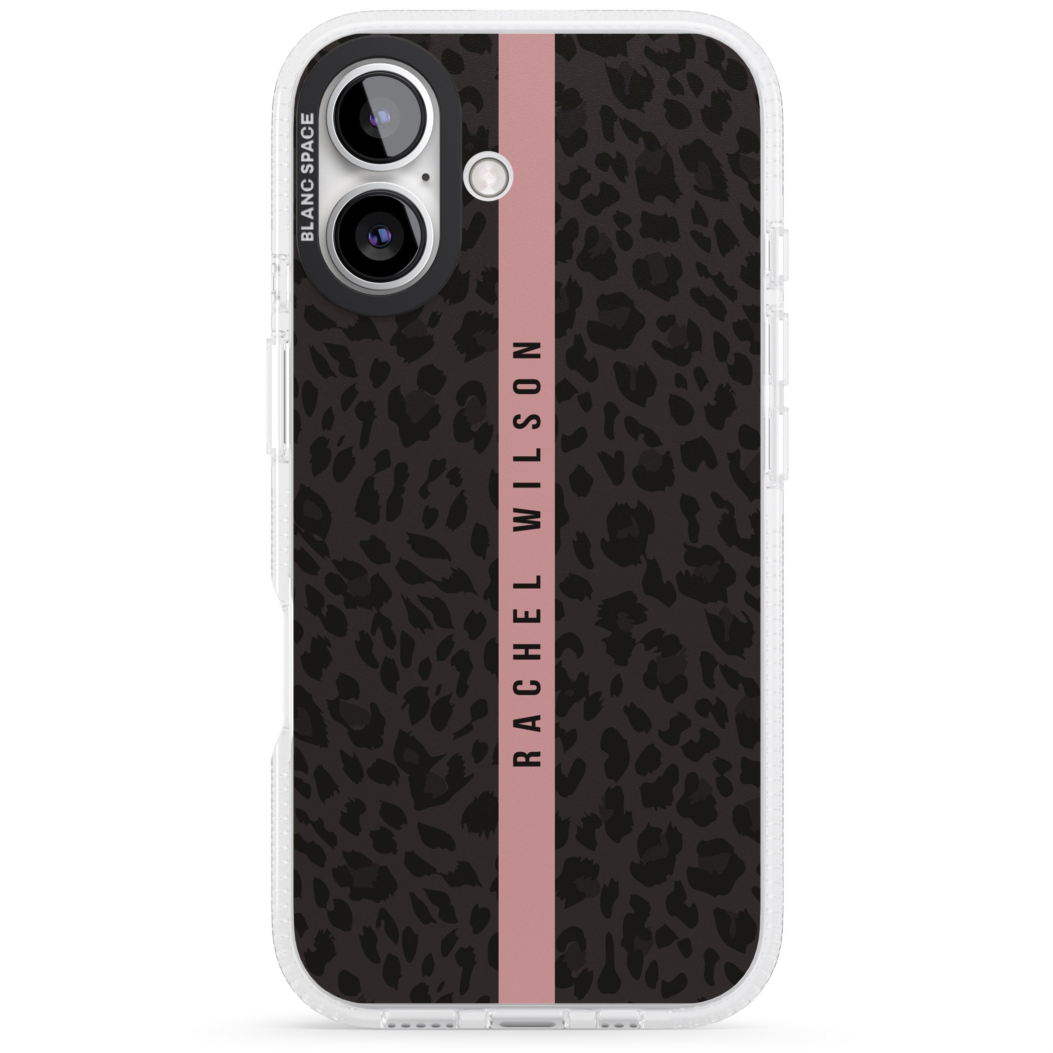 Personalised Pink Stripe Leopard Pattern iPhone 16 / 16 Plus Clear Case Impact Air - Blanc Space