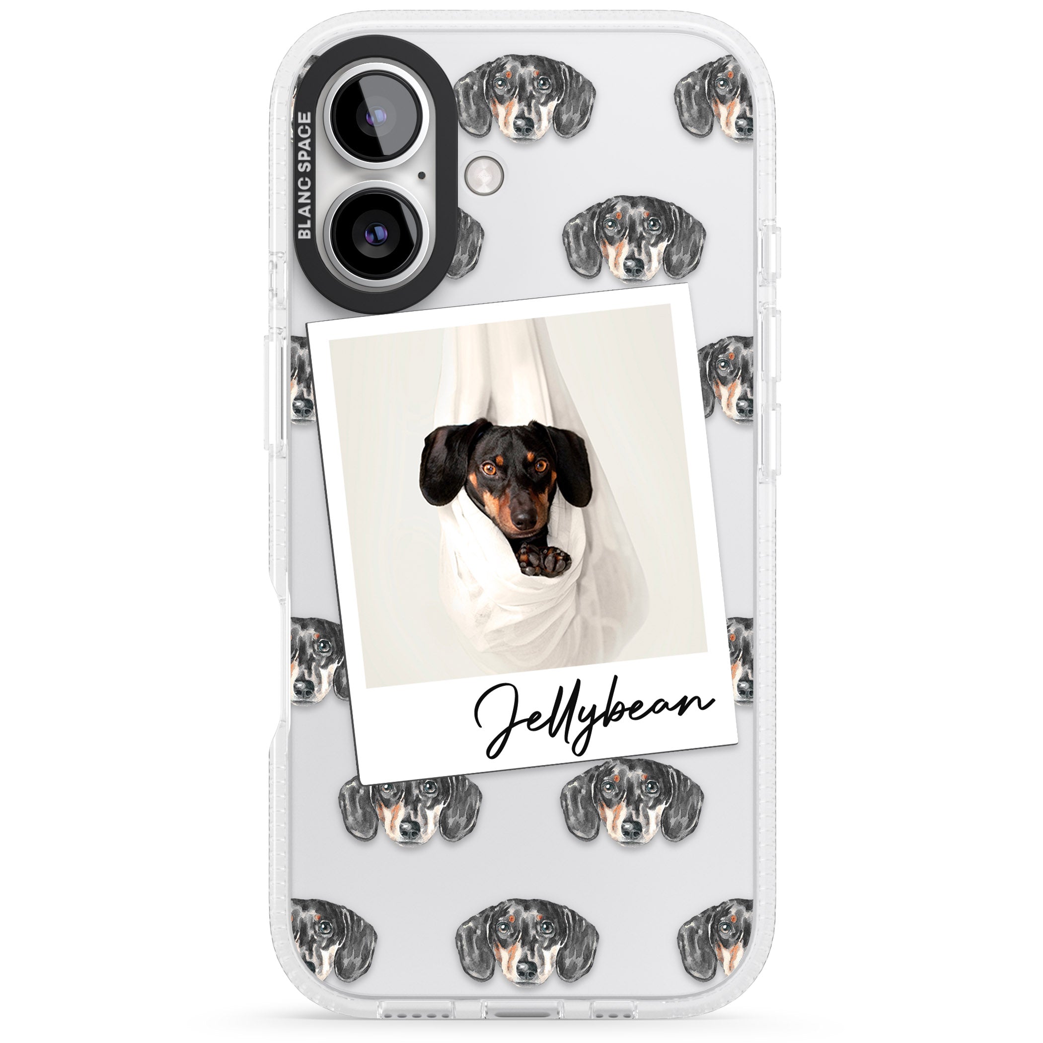 Personalised Dachshund, Black- Dog Photo iPhone 16 / 16 Plus Clear Case Impact Air - Blanc Space