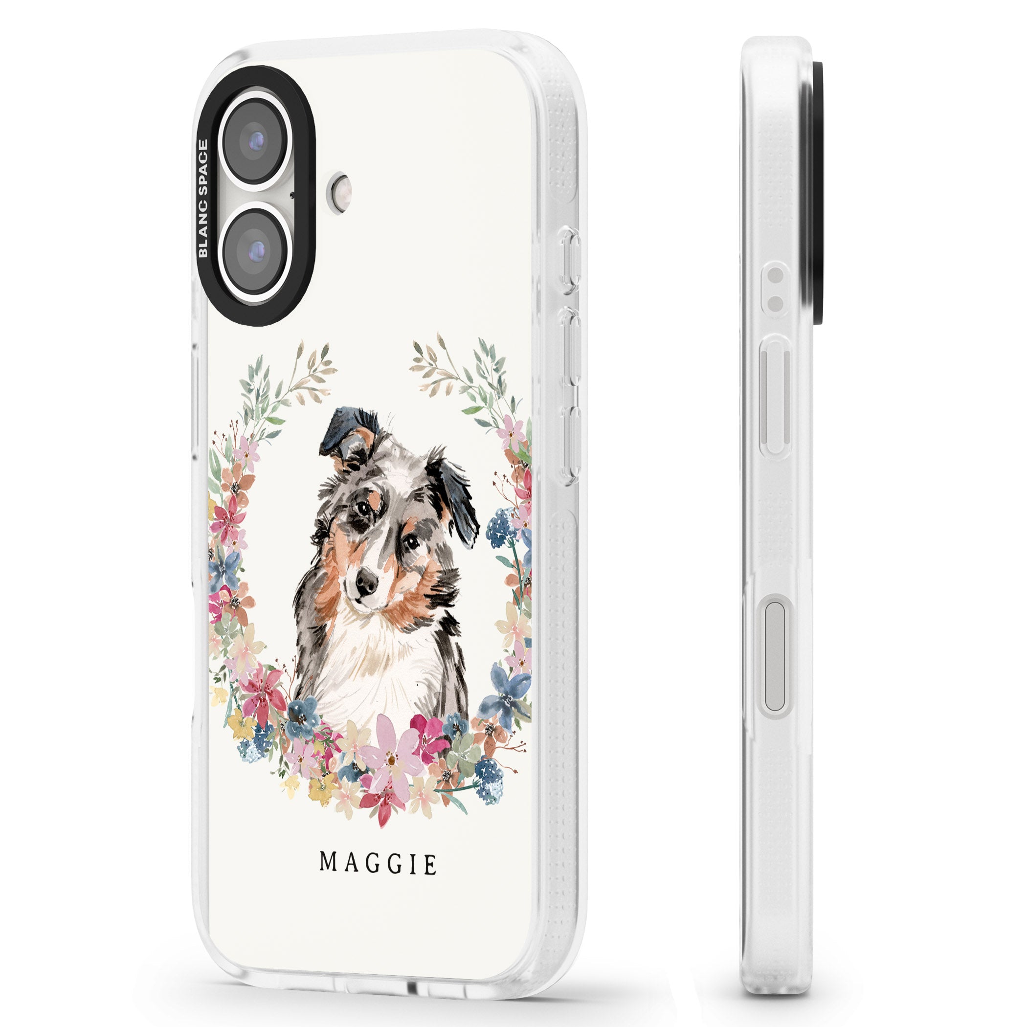 Personalised Australian Shepherd Watercolour Dog Portrait iPhone 16 / 16 Plus Clear Case Impact Air - Blanc Space
