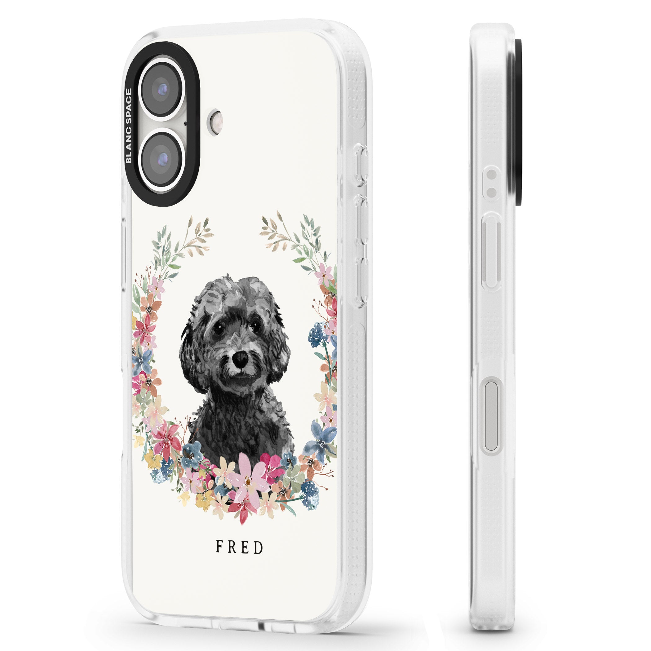 Personalised Black Cockapoo - Watercolour Dog Portrait iPhone 16 / 16 Plus Clear Case Impact Air - Blanc Space