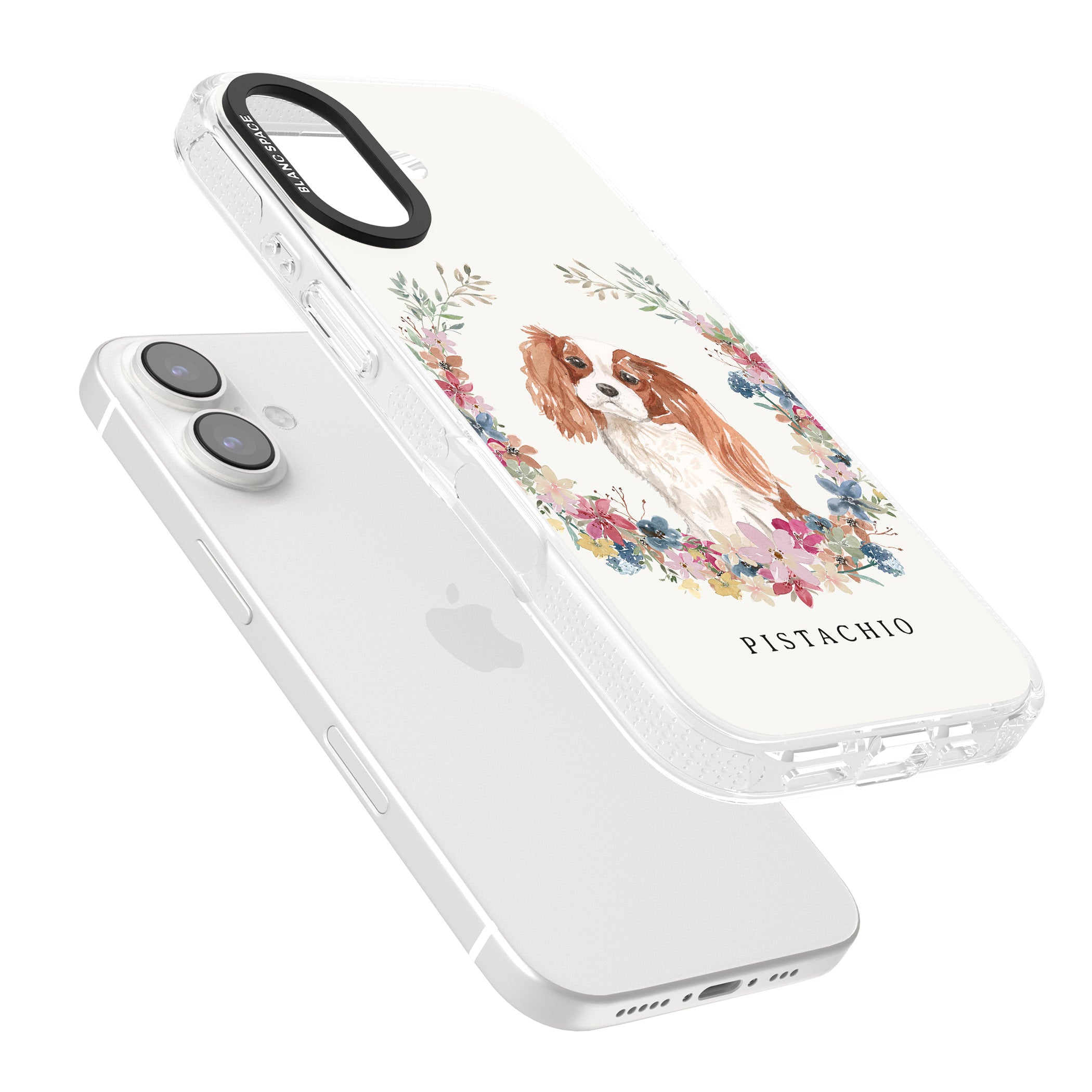 Personalised Cavalier King Charles Portrait Spaniel iPhone 16 / 16 Plus Clear Case Impact Air - Blanc Space