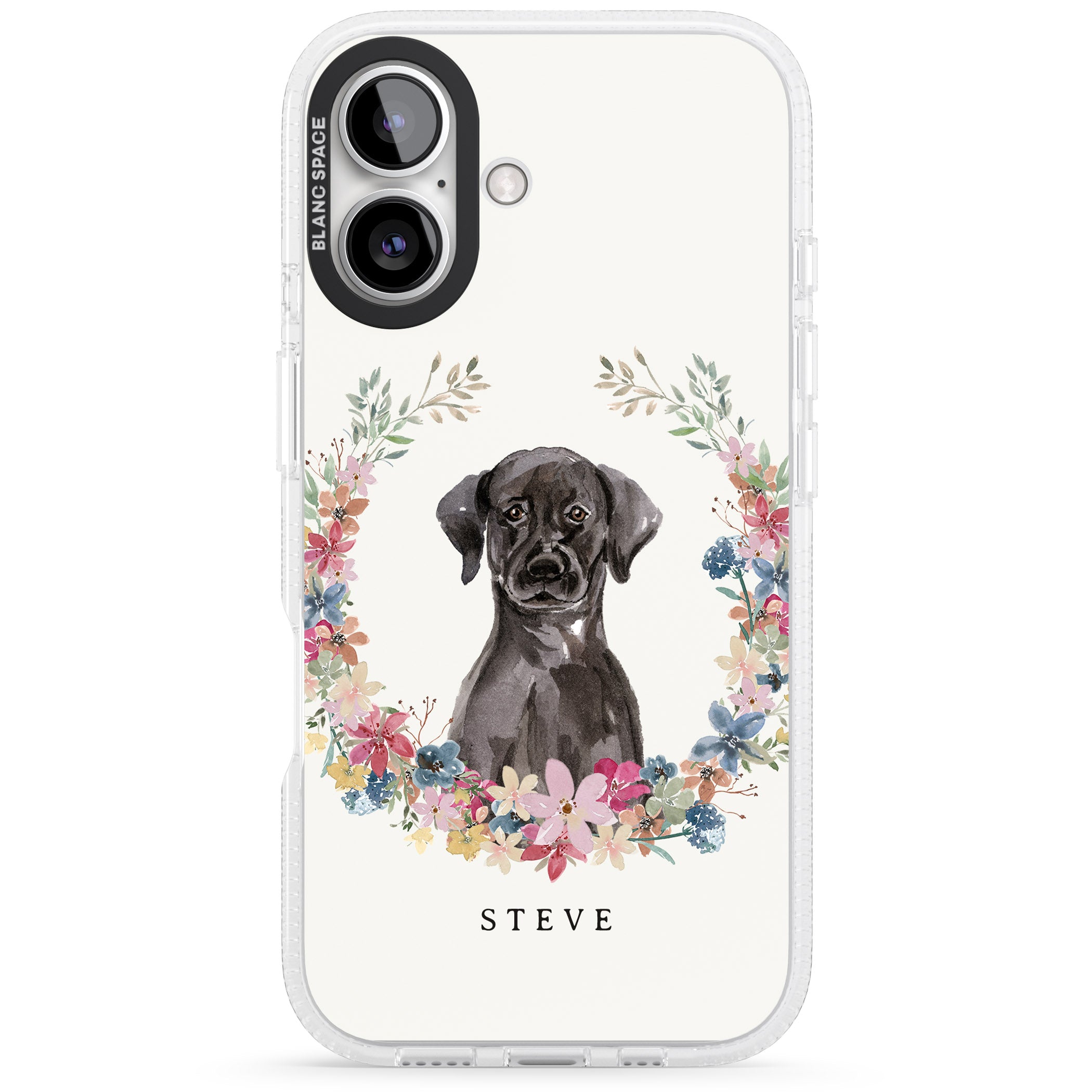 Personalised Black Lab Watercolour Dog Portrait iPhone 16 / 16 Plus Clear Case Impact Air - Blanc Space