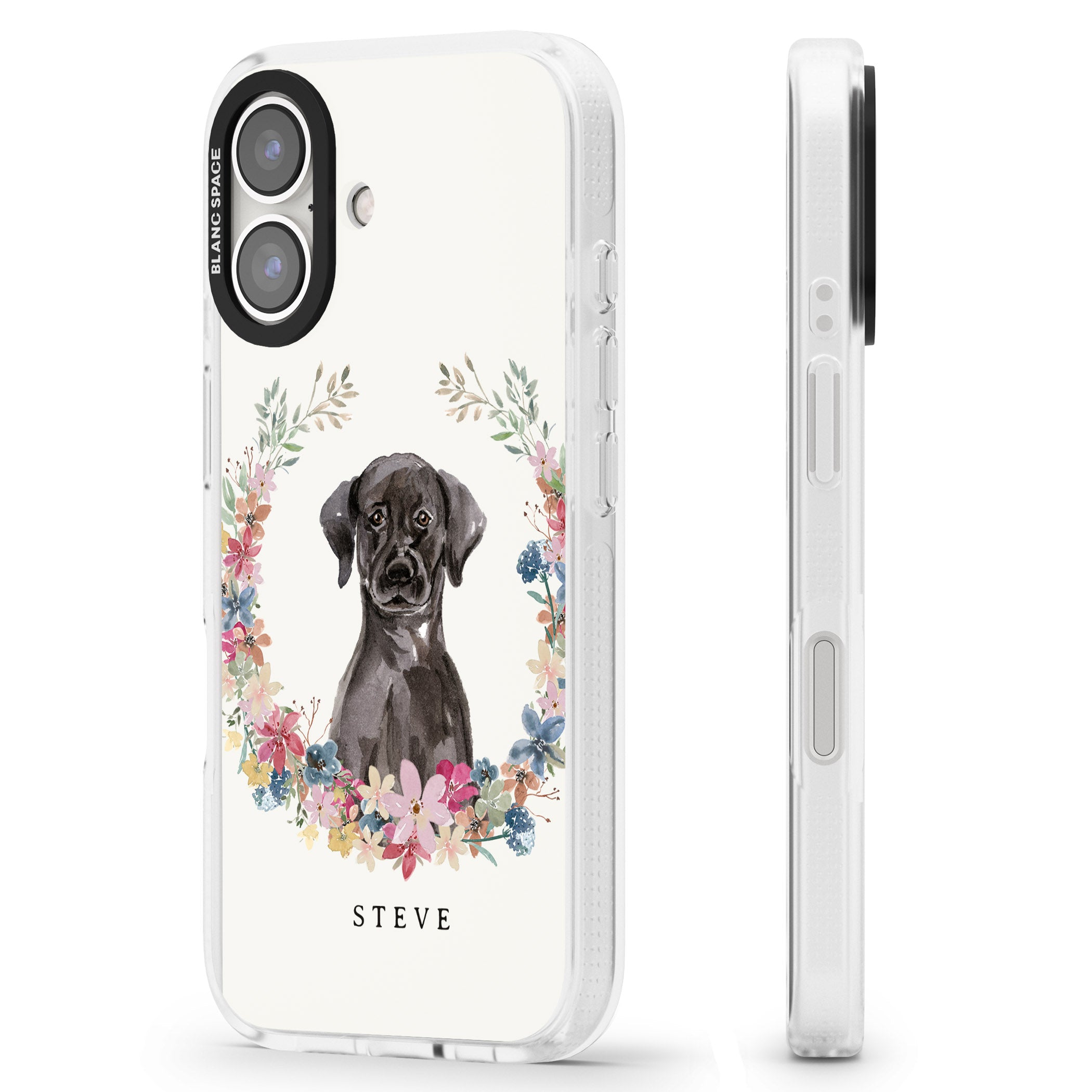 Personalised Black Lab Watercolour Dog Portrait iPhone 16 / 16 Plus Clear Case Impact Air - Blanc Space