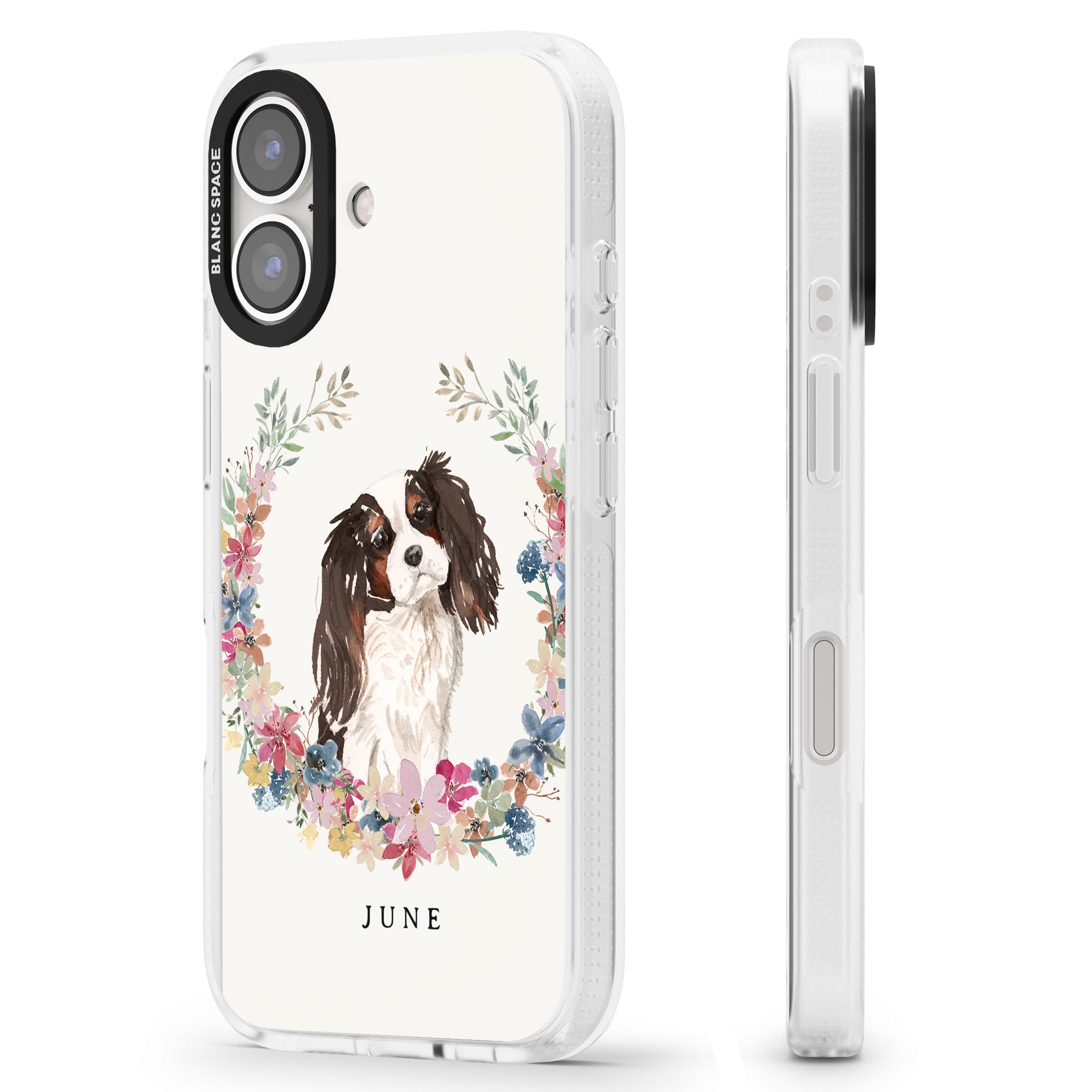 Personalised Tri Coloured King Charles Watercolour Dog Portrait iPhone 16 / 16 Plus Clear Case Impact Air - Blanc Space