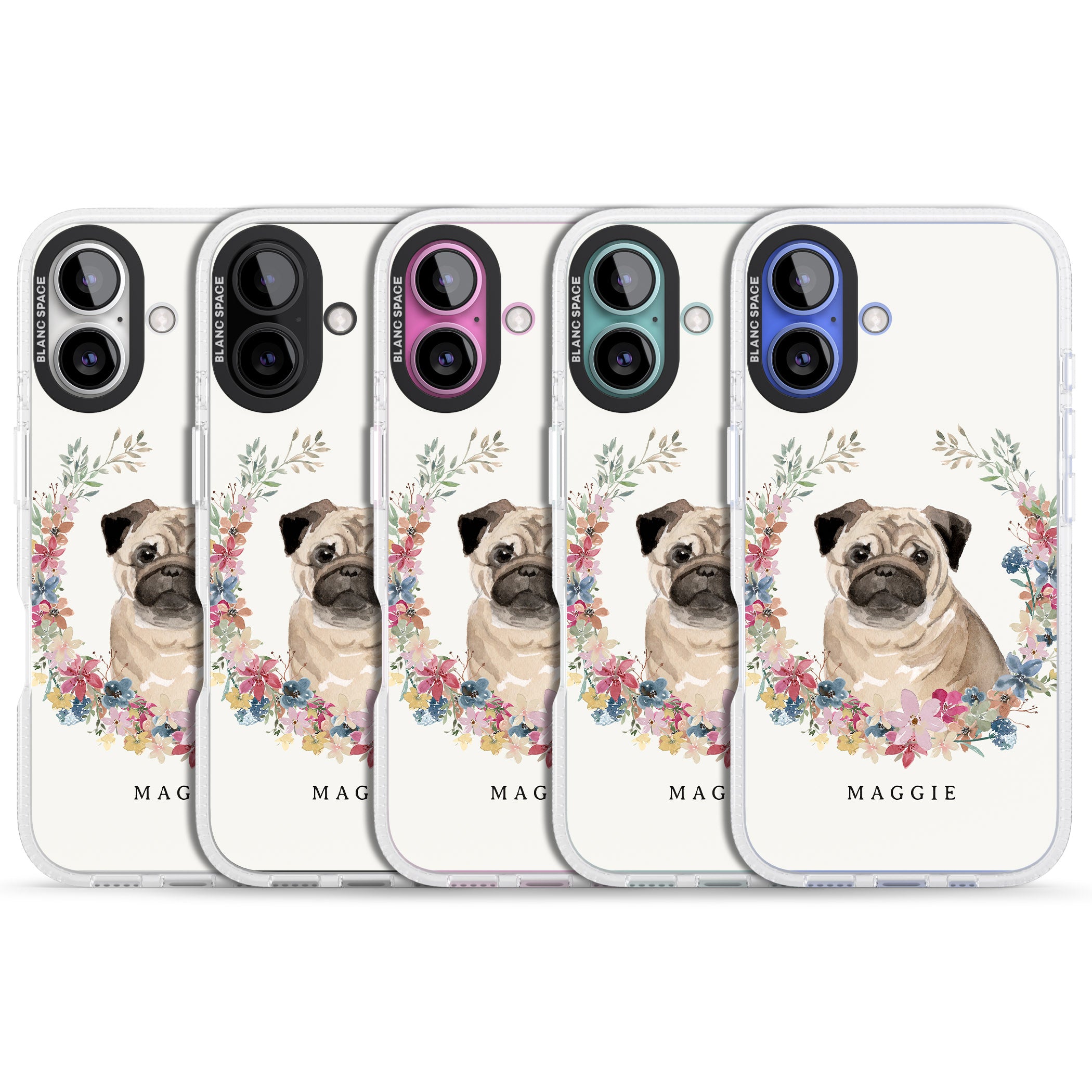 Personalised Pug - Watercolour Dog Portrait iPhone 16 / 16 Plus Clear Case Impact Air - Blanc Space