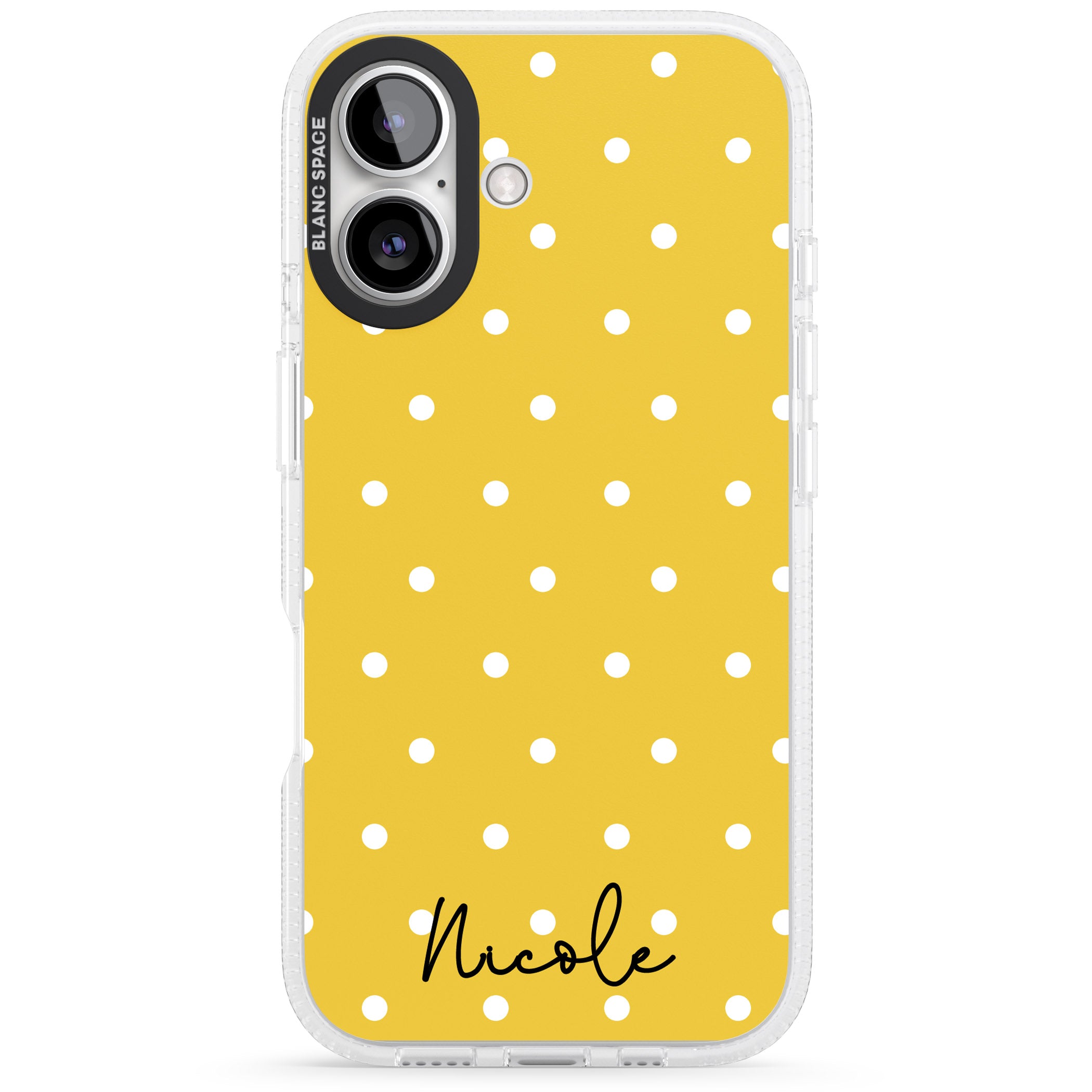 Personalised Yellow Polka Dot iPhone 16 / 16 Plus Clear Case Impact Air - Blanc Space