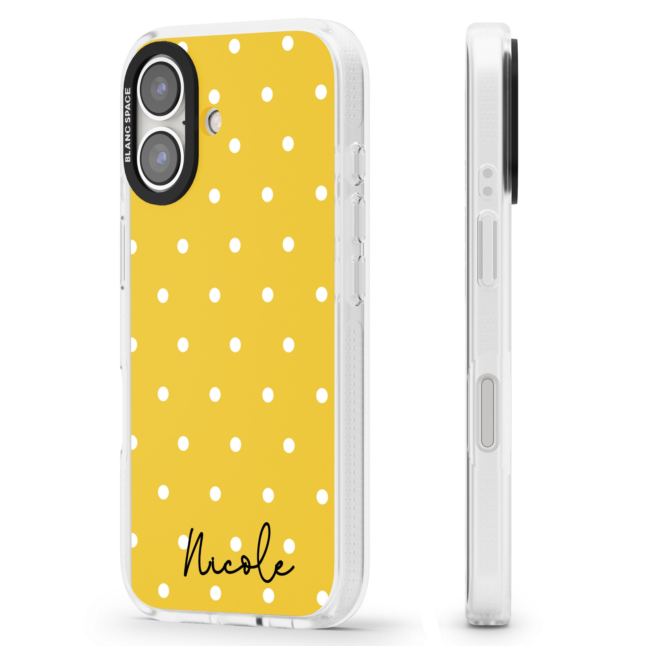 Personalised Yellow Polka Dot iPhone 16 / 16 Plus Clear Case Impact Air - Blanc Space