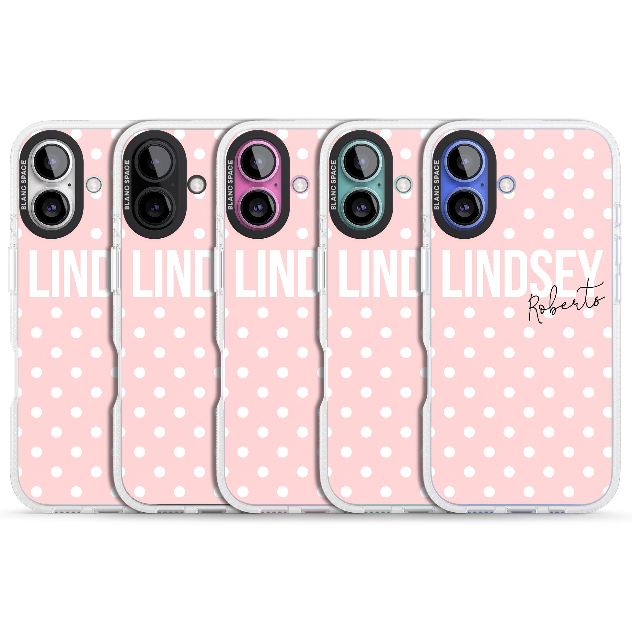 Personalised Pink Polka iPhone 16 / 16 Plus Clear Case Impact Air - Blanc Space