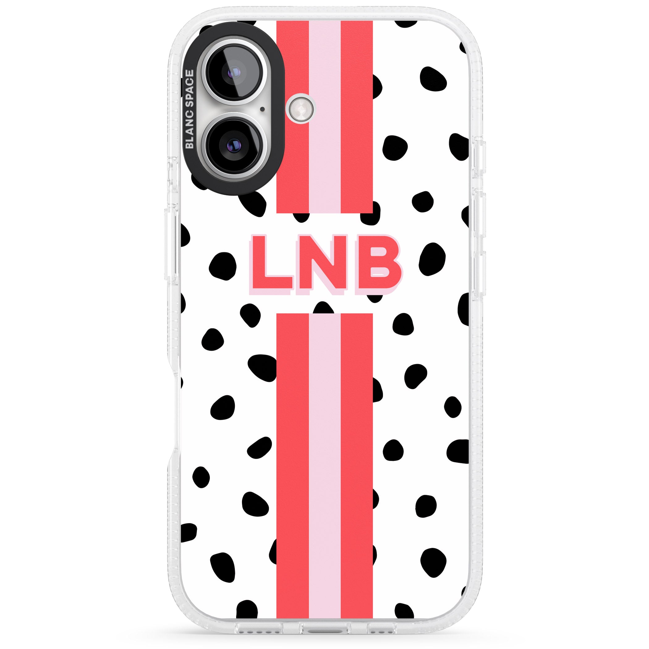 Personalised Polka & Pink Stripe iPhone 16 / 16 Plus Clear Case Impact Air - Blanc Space