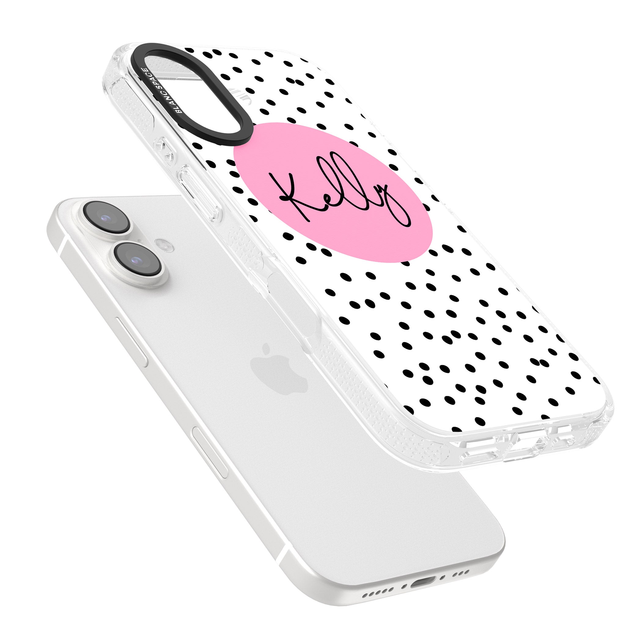Personalised Pink Circle & Dots iPhone 16 / 16 Plus Clear Case Impact Air - Blanc Space