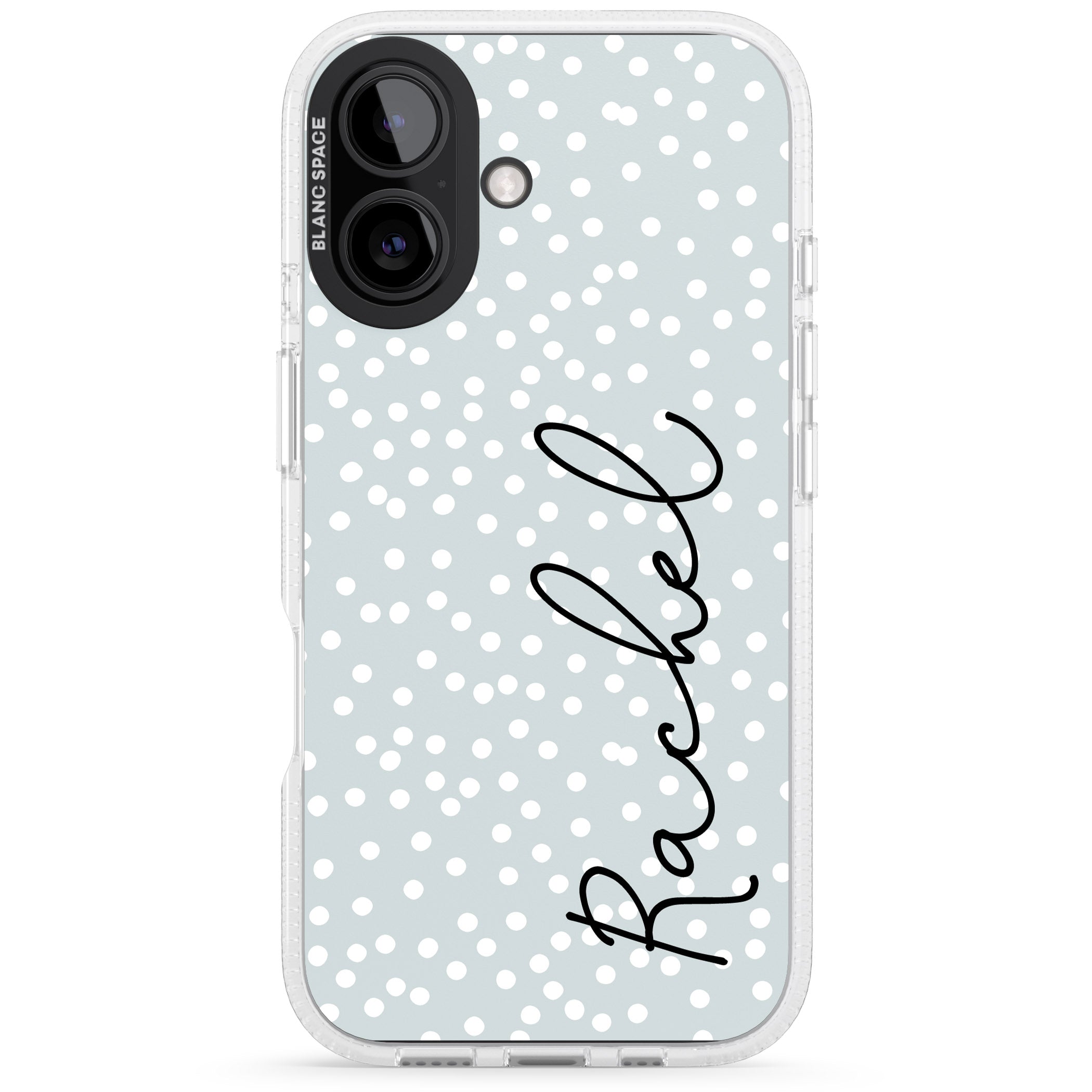 Personalised Vertical Cursive & Dots iPhone 16 / 16 Plus Clear Case Impact Air - Blanc Space