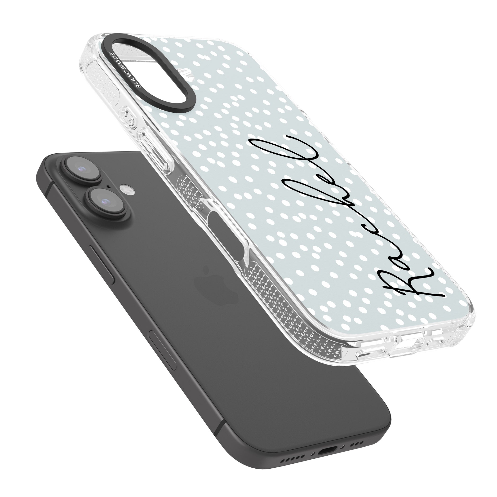 Personalised Vertical Cursive & Dots iPhone 16 / 16 Plus Clear Case Impact Air - Blanc Space