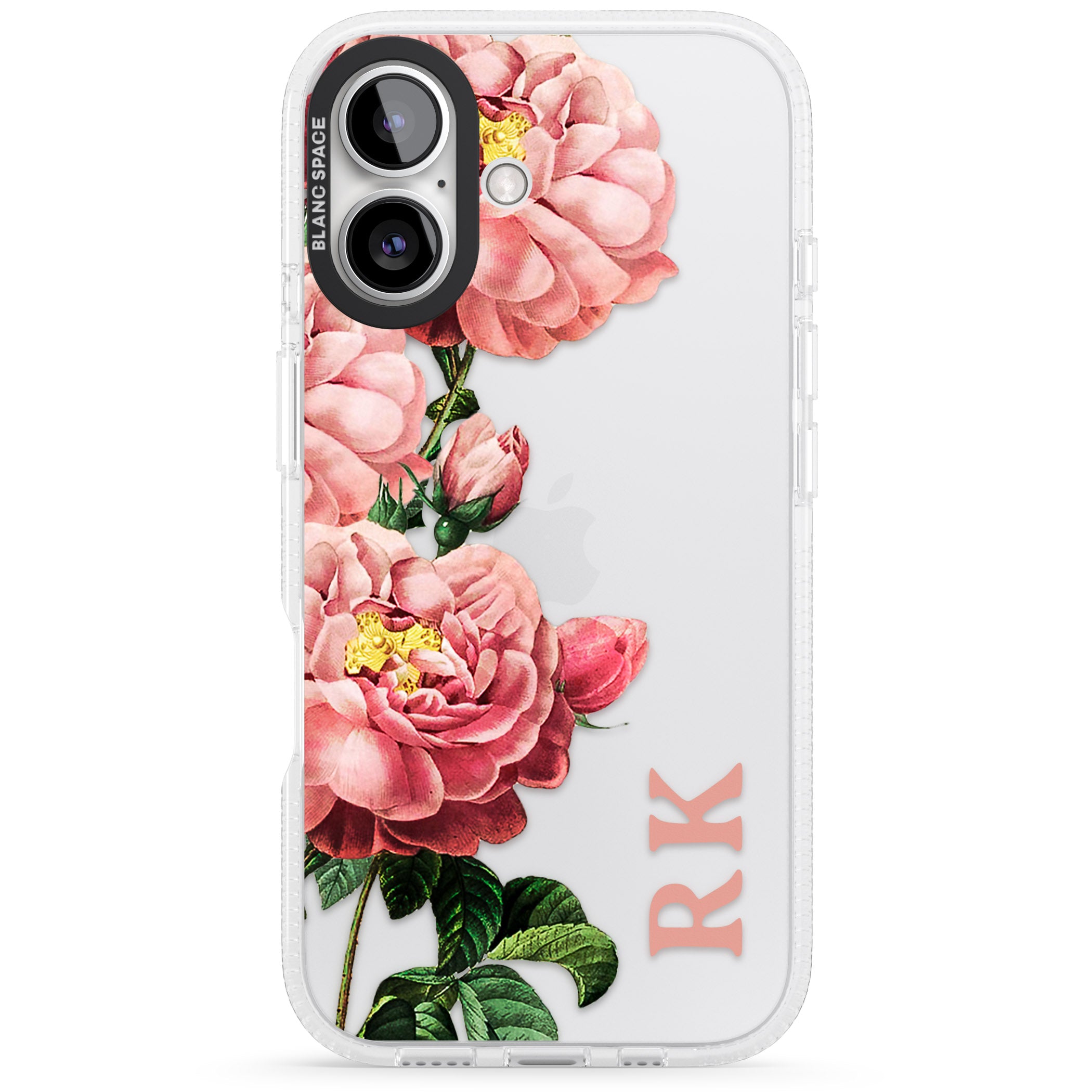 Personalised Clear Vintage Floral Pink Peonies iPhone 16 / 16 Plus Clear Case Impact Air - Blanc Space