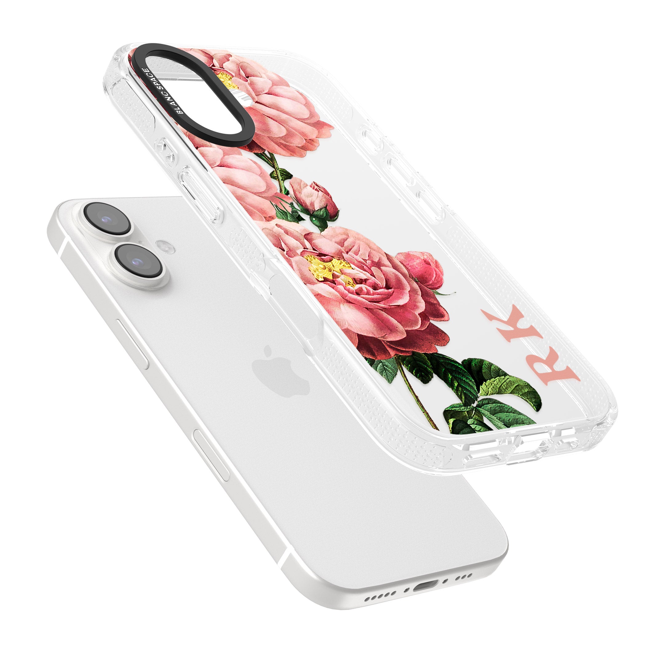 Personalised Clear Vintage Floral Pink Peonies iPhone 16 / 16 Plus Clear Case Impact Air - Blanc Space