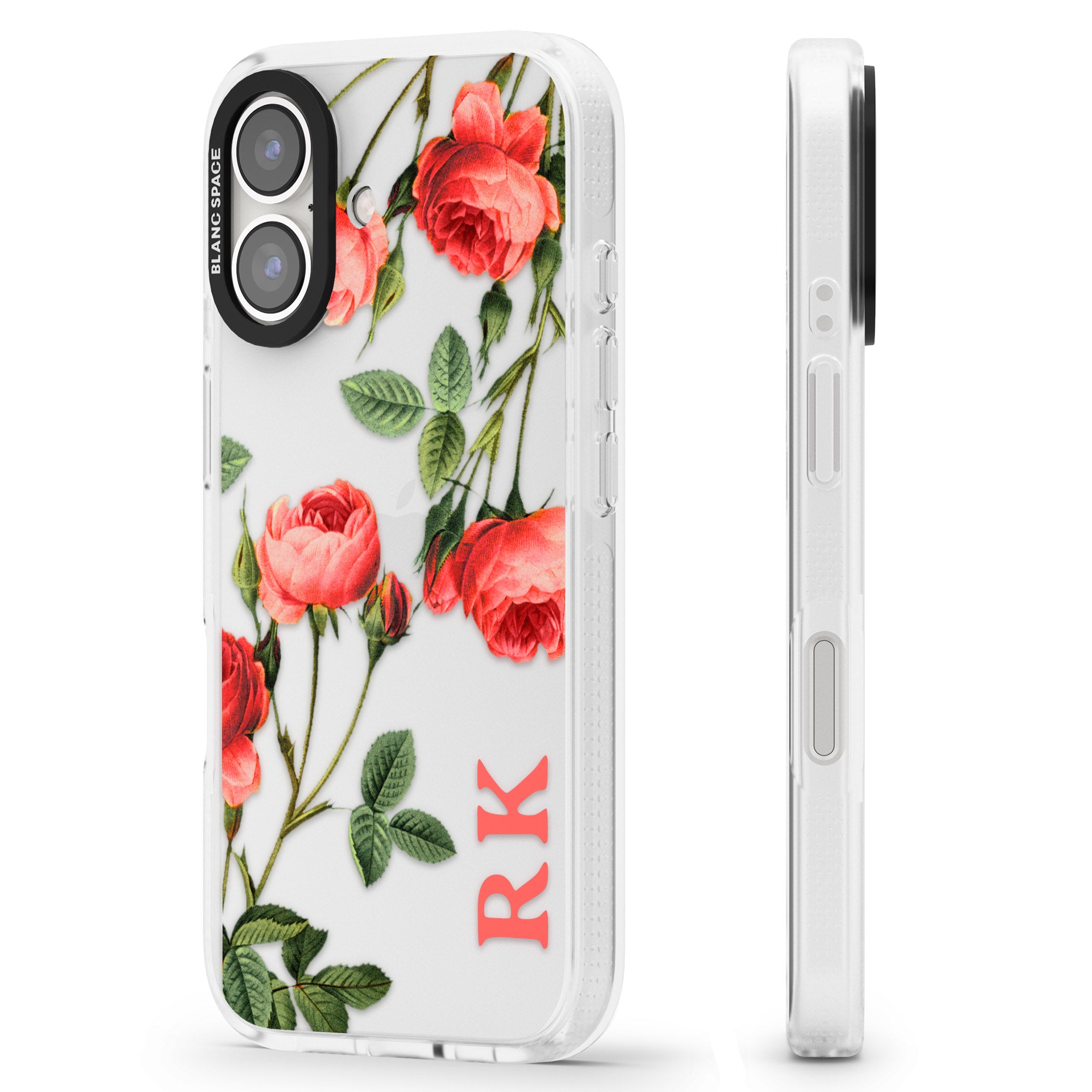 Personalised Clear Vintage Floral Pink Roses iPhone 16 / 16 Plus Clear Case Impact Air - Blanc Space