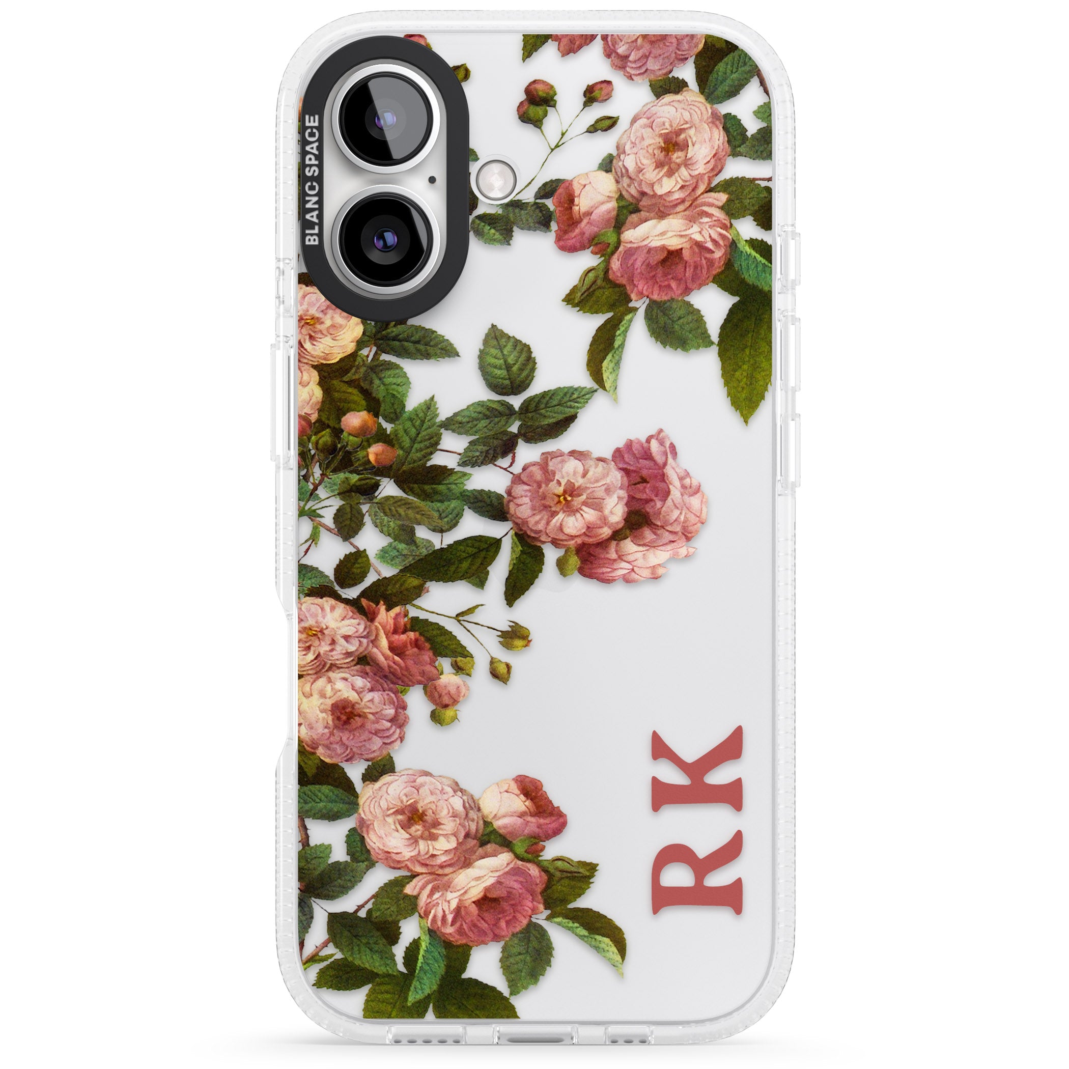 Personalised Clear Vintage Floral Pink Garden Roses iPhone 16 / 16 Plus Clear Case Impact Air - Blanc Space