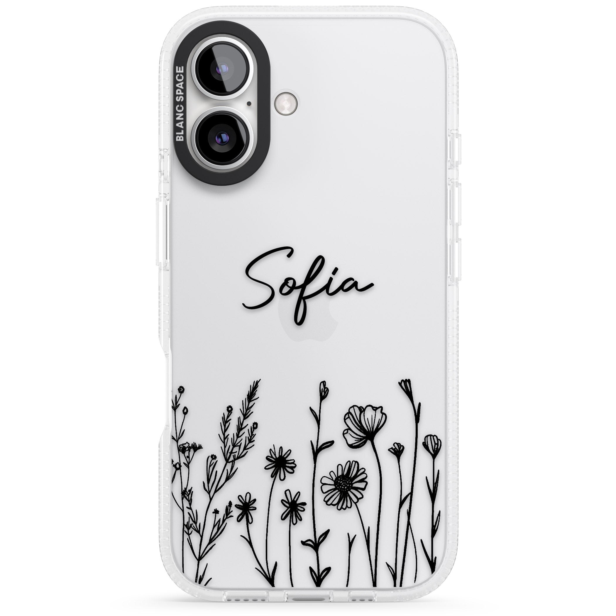 Personalised Black Wildflowers iPhone 16 / 16 Plus Clear Case Impact Air - Blanc Space