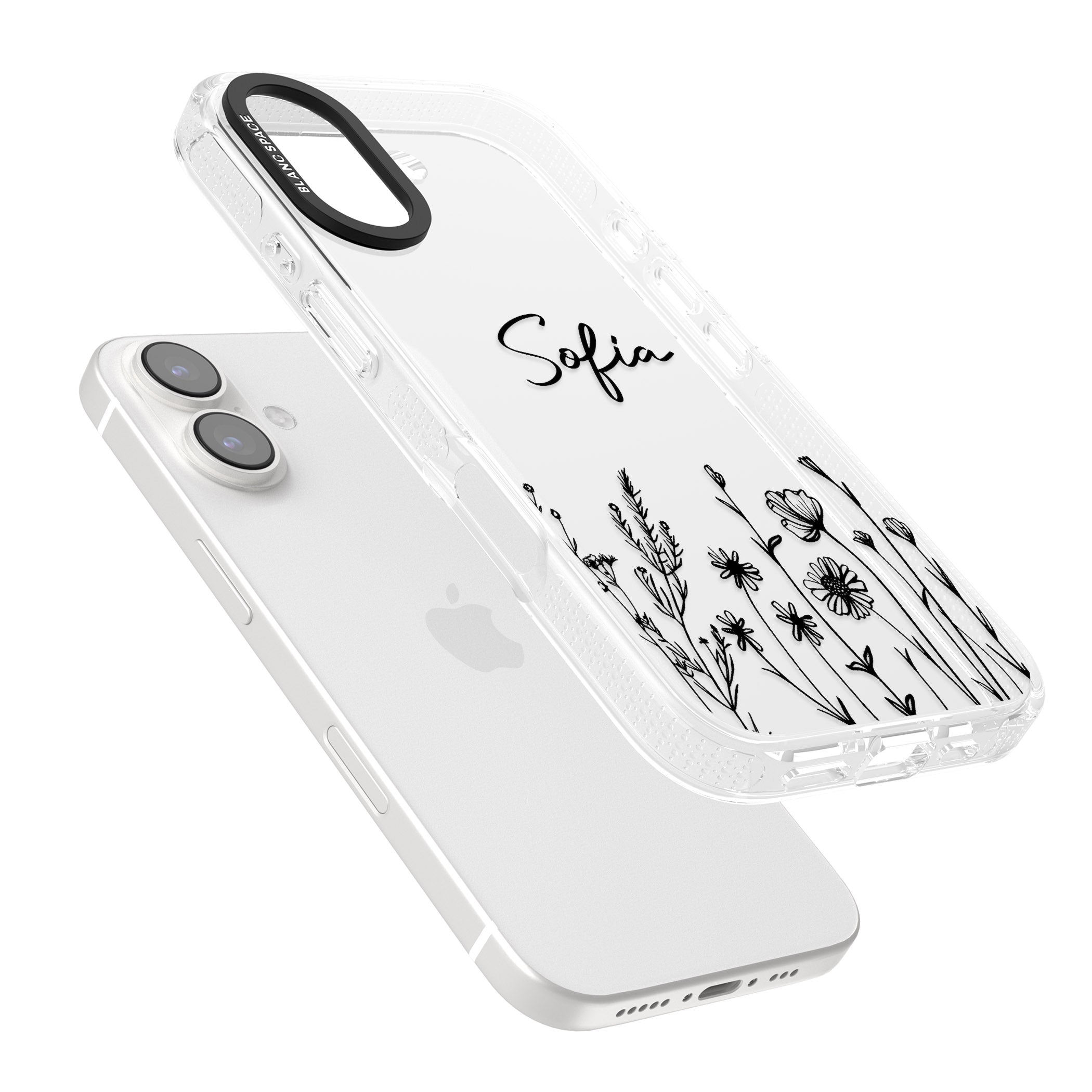 Personalised Black Wildflowers iPhone 16 / 16 Plus Clear Case Impact Air - Blanc Space