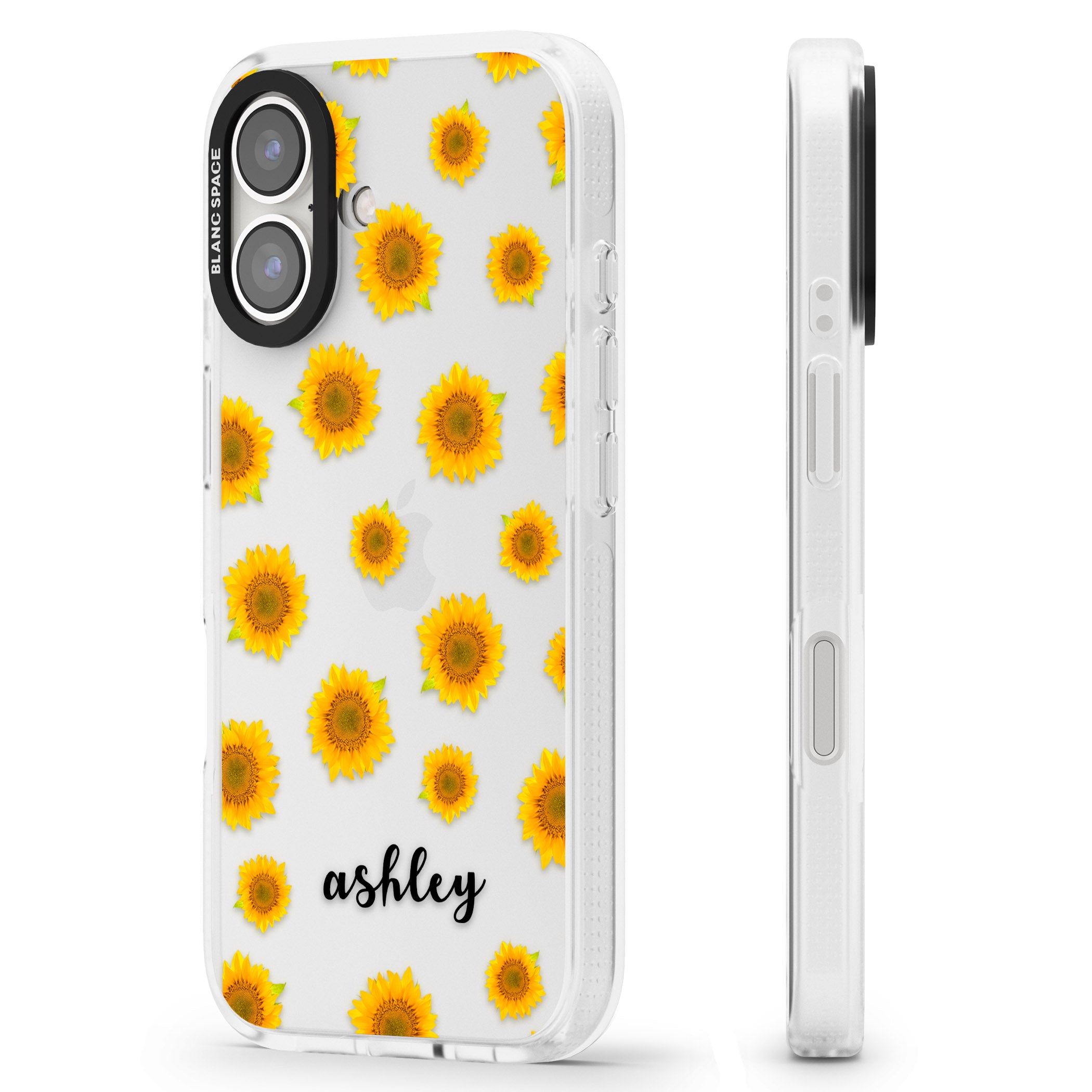 Personalised Sunflowers & Cursive iPhone 16 / 16 Plus Clear Case Impact Air - Blanc Space