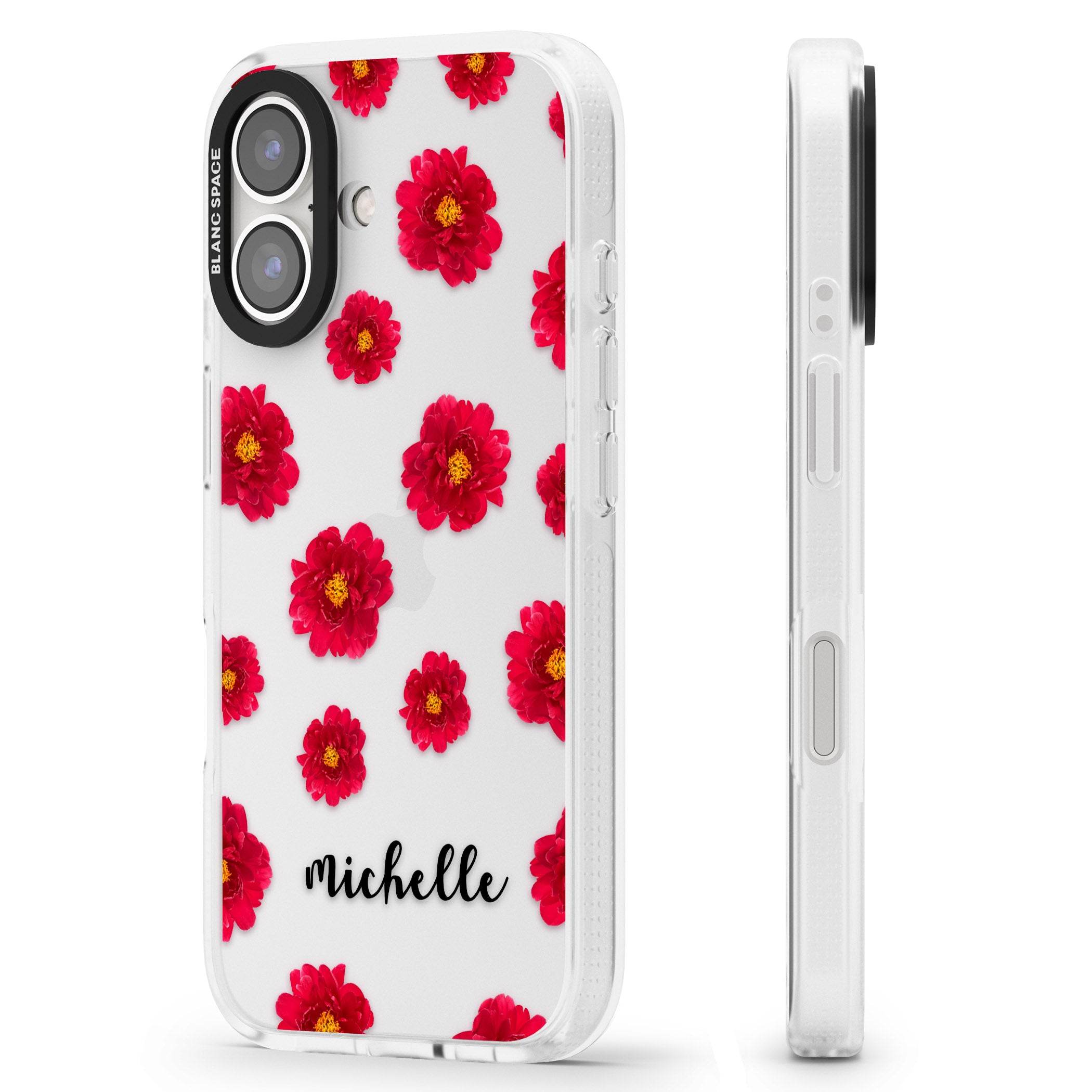 Personalised Red Peonies & Cursive iPhone 16 / 16 Plus Clear Case Impact Air - Blanc Space