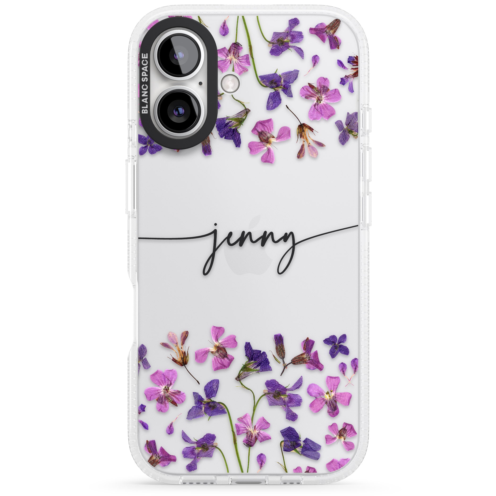 Personalised Purple Violets iPhone 16 / 16 Plus Clear Case Impact Air - Blanc Space