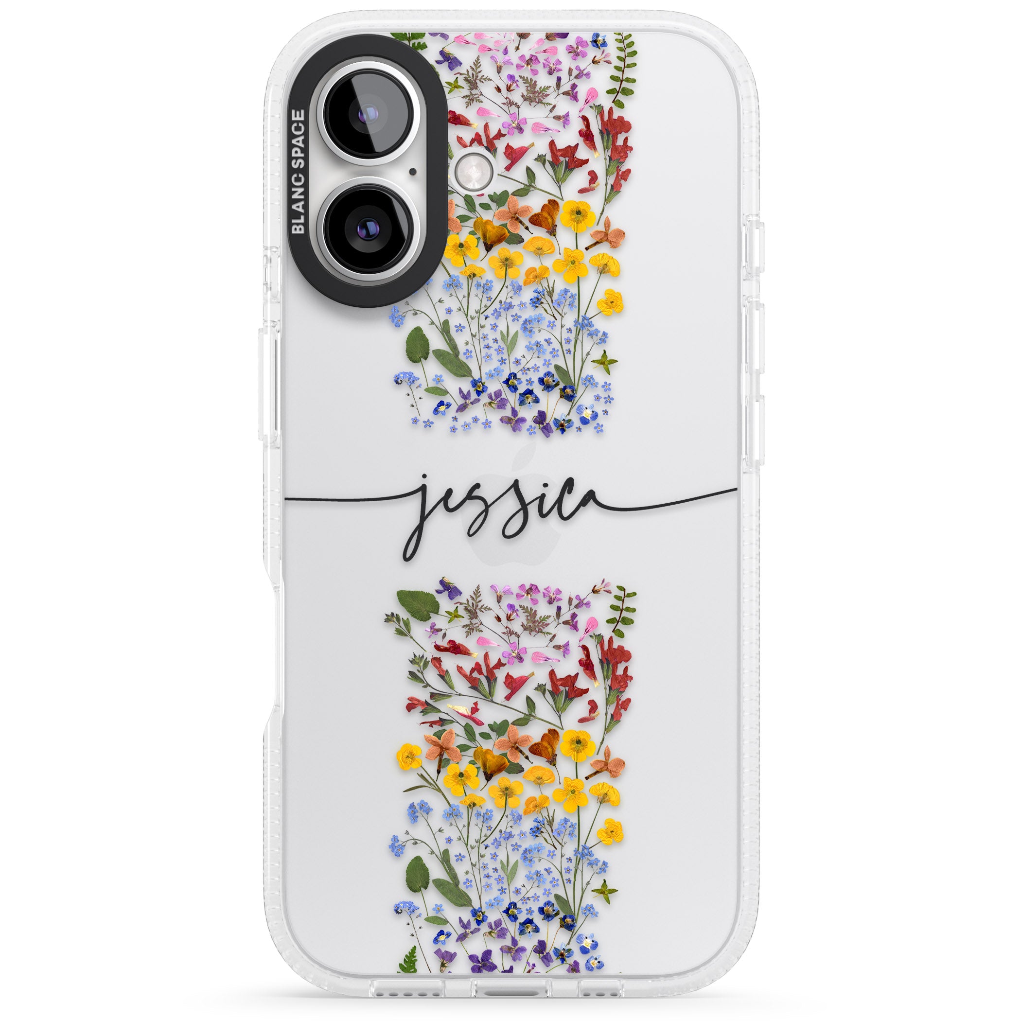 Personalised Wildflower Floral Stripe Personalised iPhone 16 / 16 Plus Clear Case Impact Air - Blanc Space