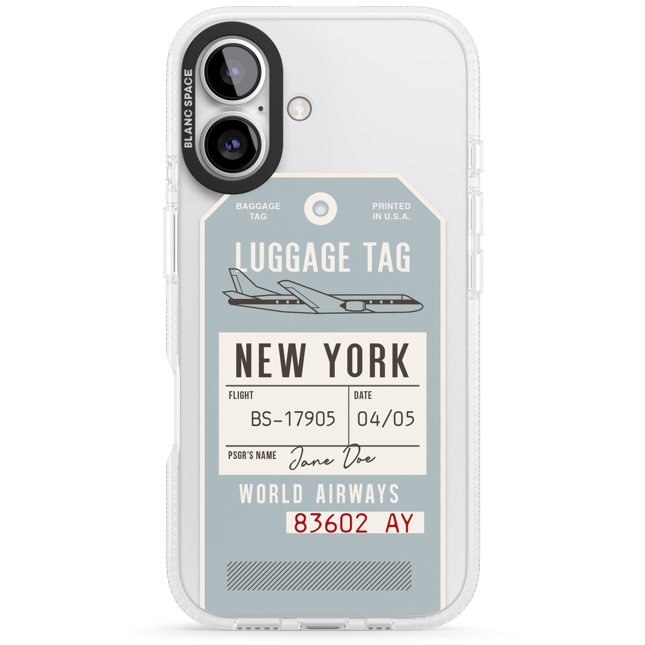 Personalised Vintage USA Luggage Tag iPhone 16 / 16 Plus Clear Case Impact Air - Blanc Space