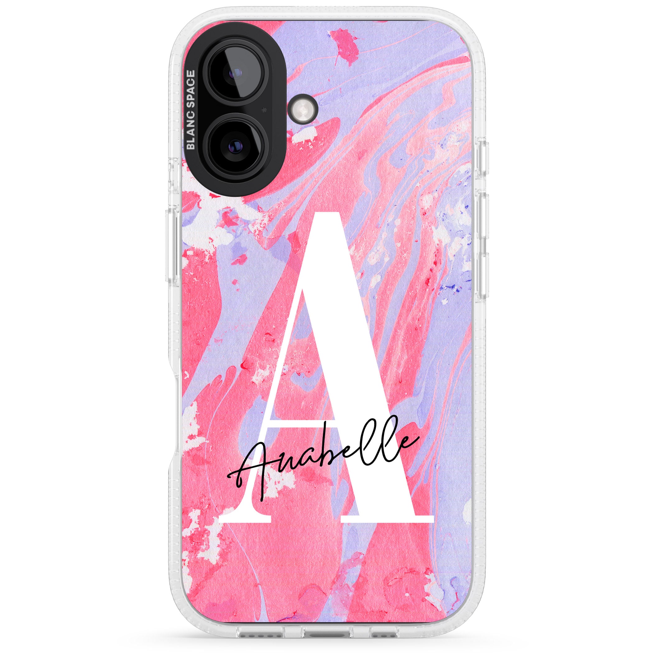 Personalised Pink & Purple - Marble iPhone 16 / 16 Plus Clear Case Impact Air - Blanc Space