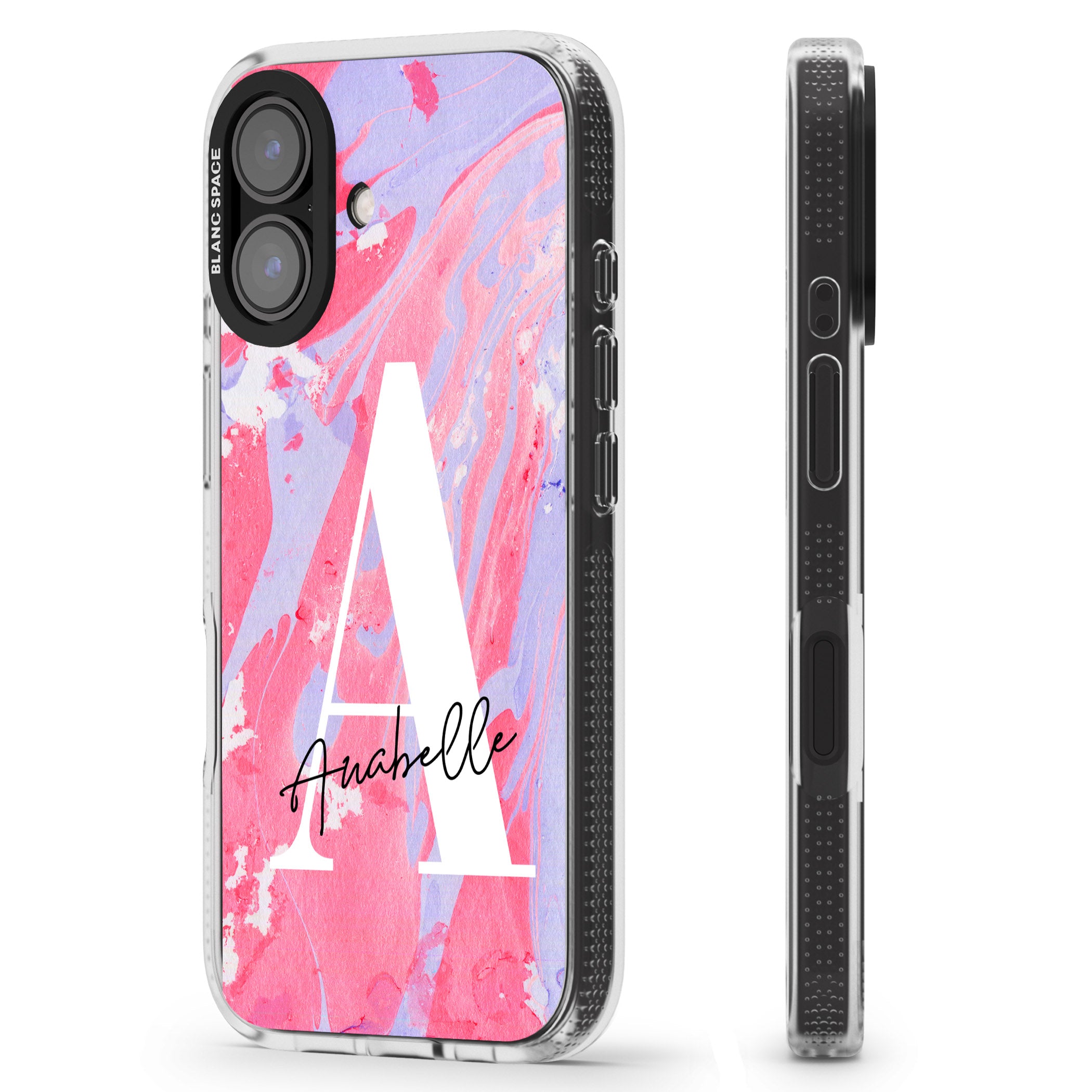 Personalised Pink & Purple - Marble iPhone 16 / 16 Plus Clear Case Impact Air - Blanc Space