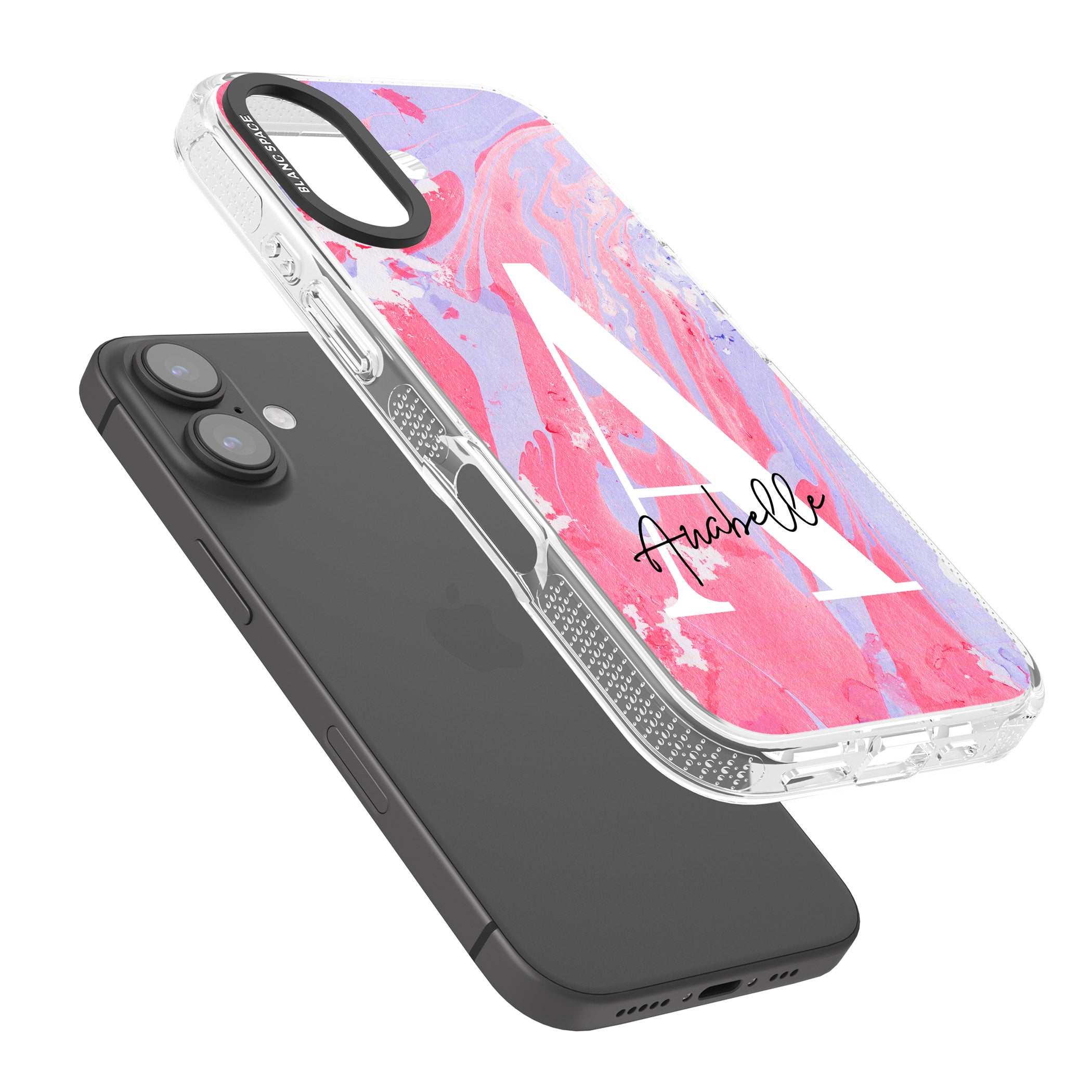 Personalised Pink & Purple - Marble iPhone 16 / 16 Plus Clear Case Impact Air - Blanc Space