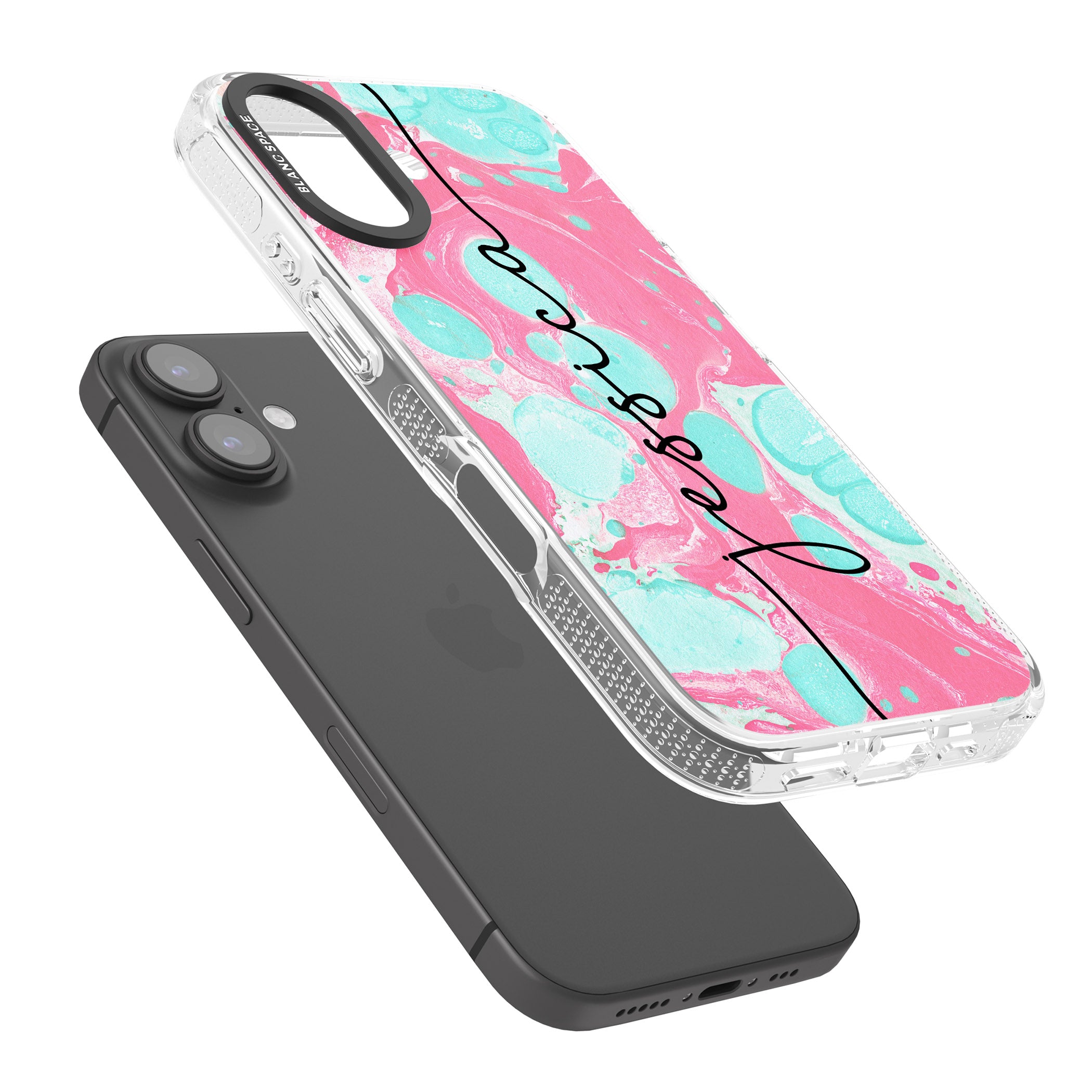 Personalised Turquoise & Pink - Marbled iPhone 16 / 16 Plus Clear Case Impact Air - Blanc Space