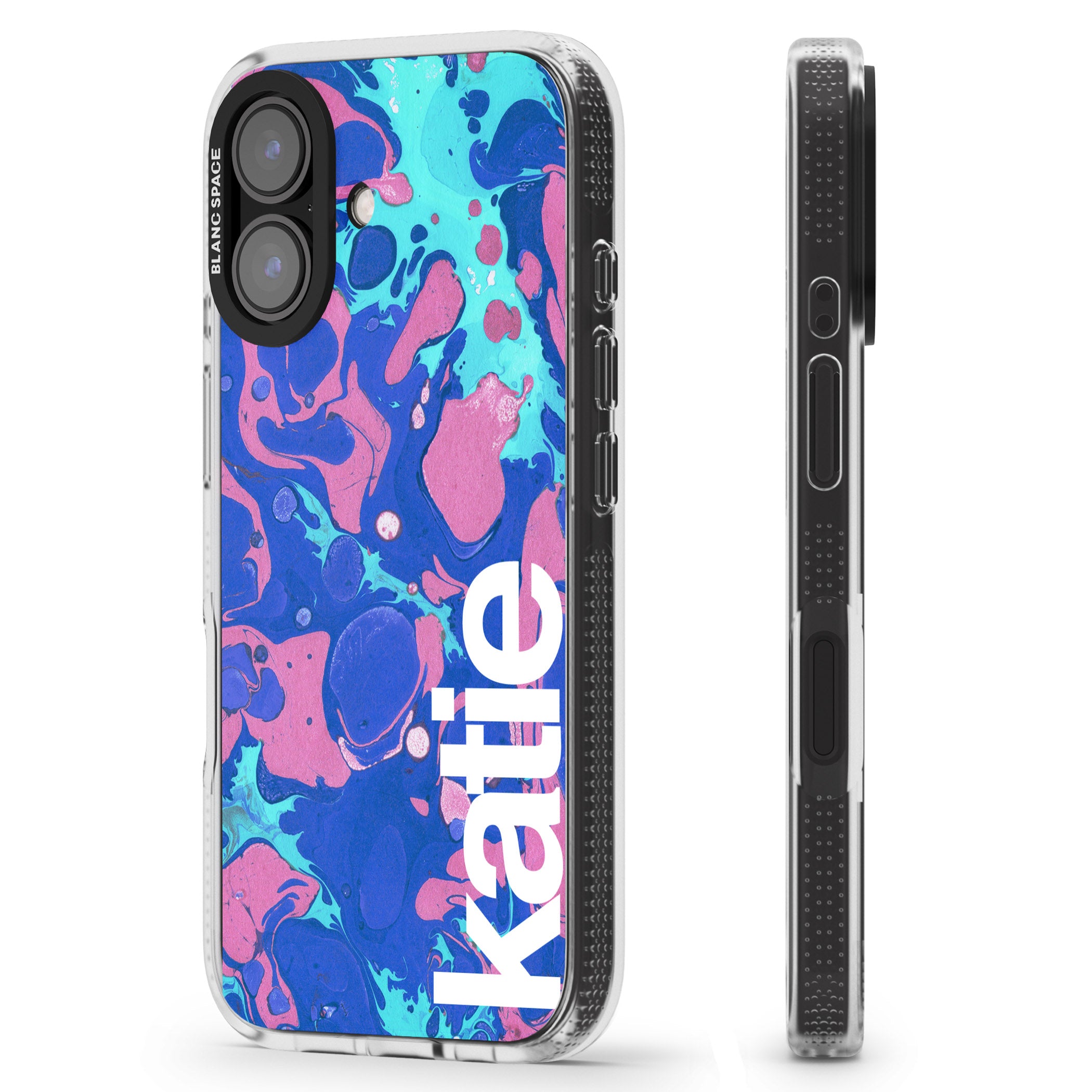 Personalised Navy, Turquoise + Purple - Marbled iPhone 16 / 16 Plus Clear Case Impact Air - Blanc Space