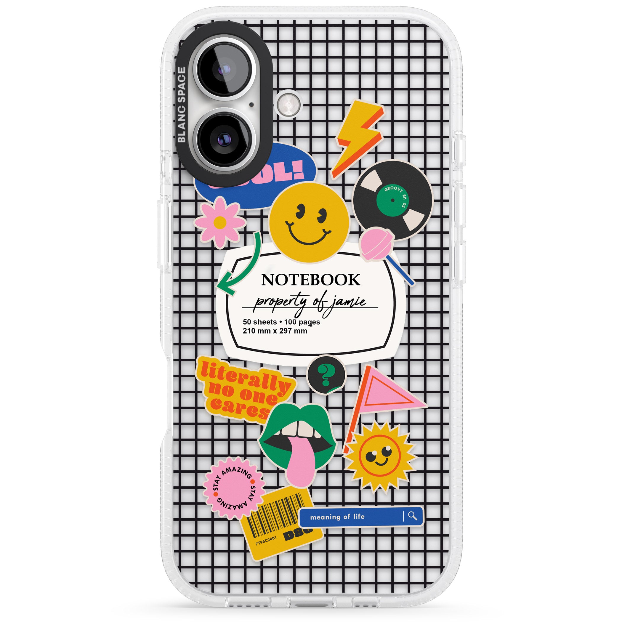 Personalised Sticker Mix on Grid iPhone 16 / 16 Plus Clear Case Impact Air - Blanc Space